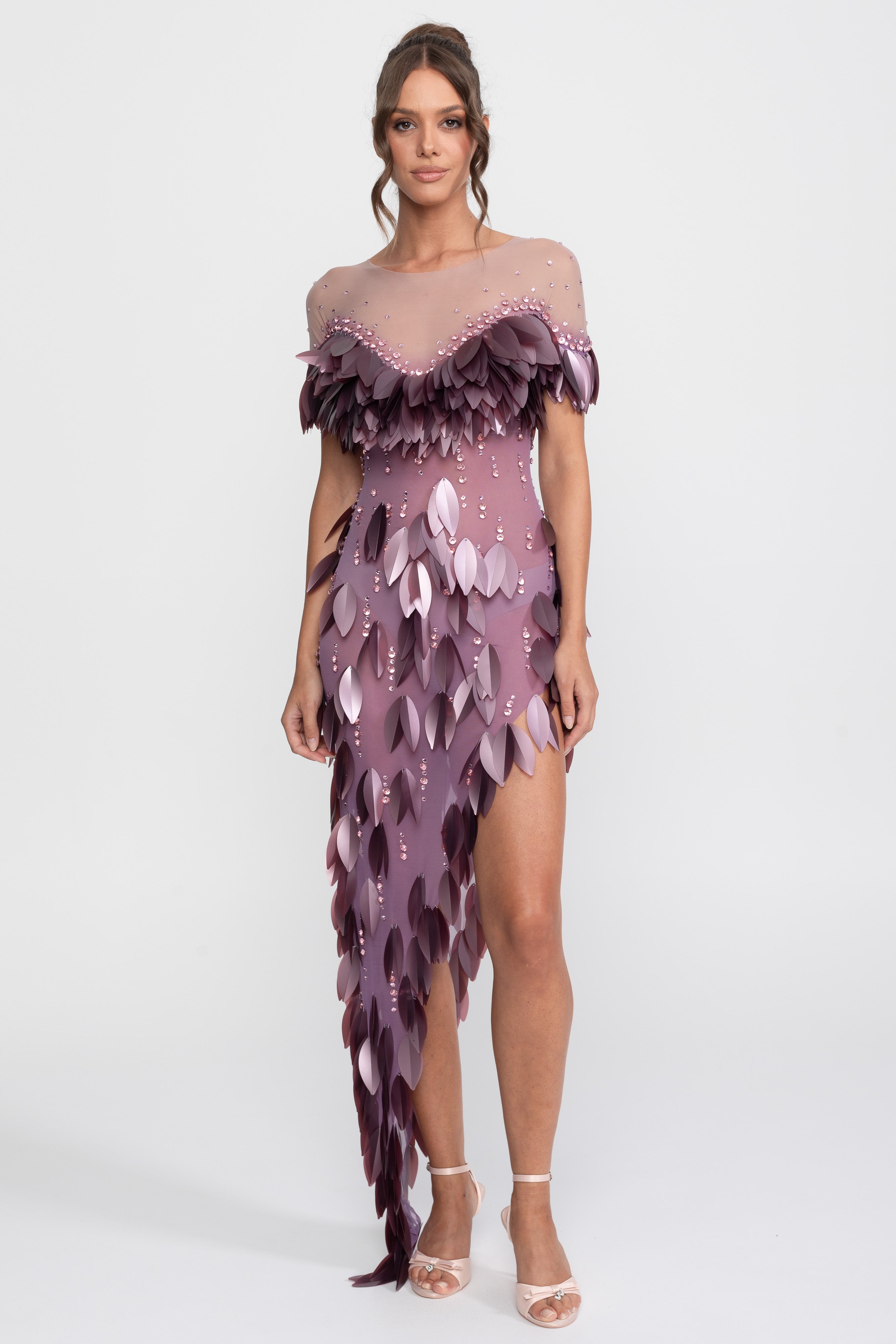 3D-Petal-Perlen-Slit-Kleid mit kurzen Ärmeln - Lila