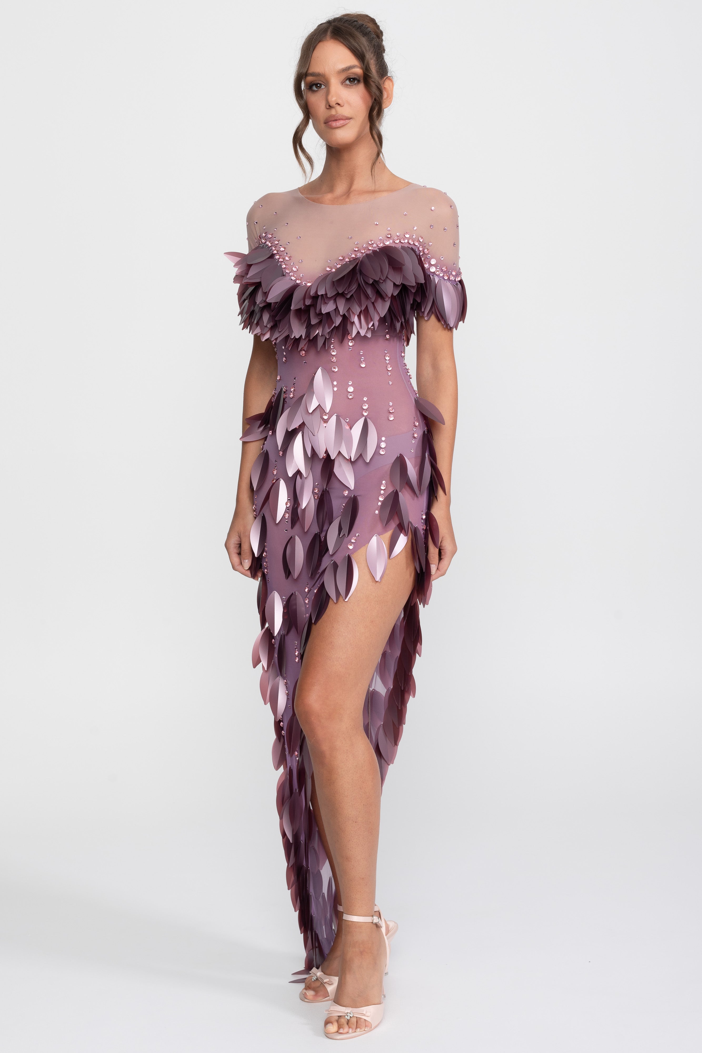 3D-Petal-Perlen-Slit-Kleid mit kurzen Ärmeln - Lila