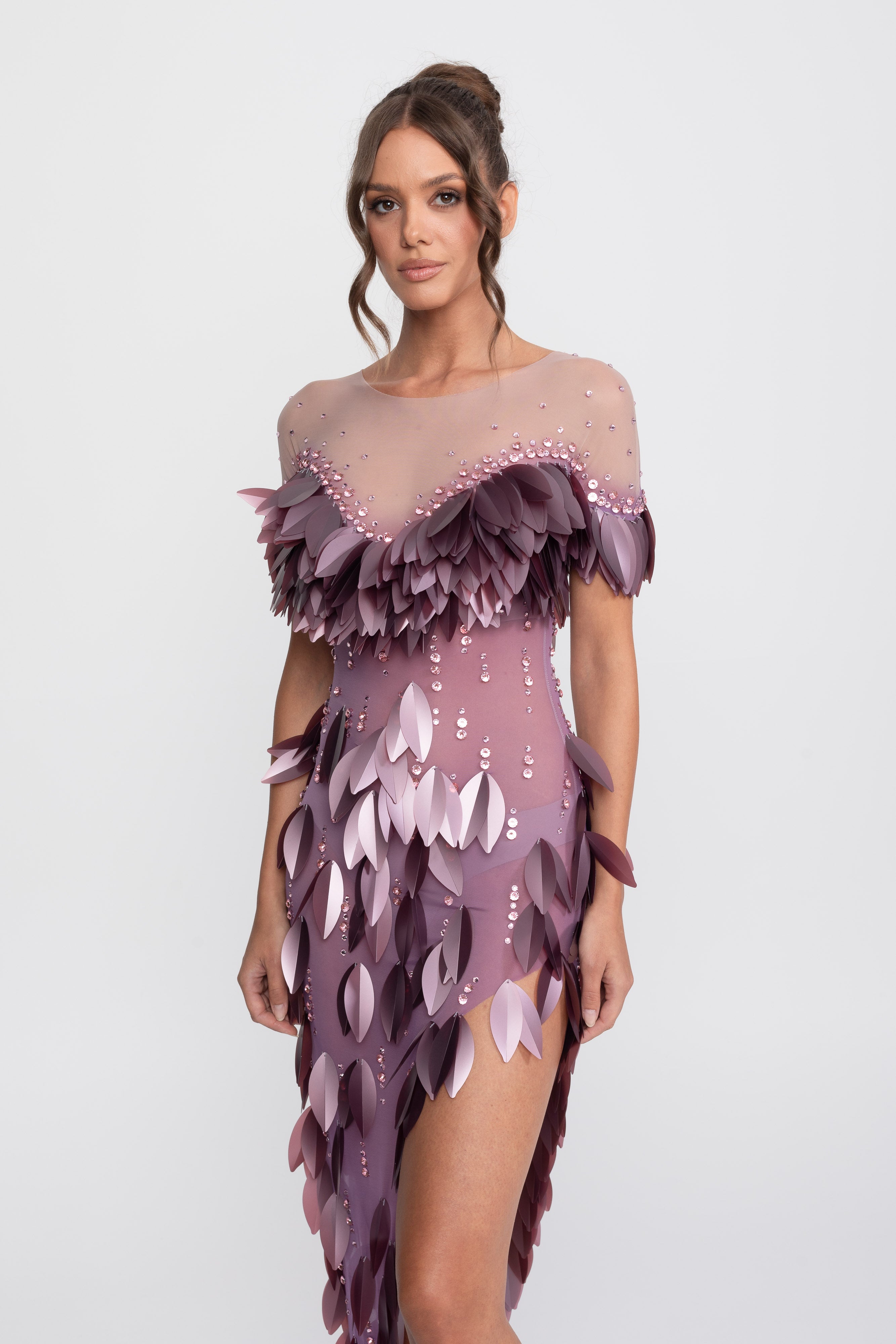 3D-Petal-Perlen-Slit-Kleid mit kurzen Ärmeln - Lila