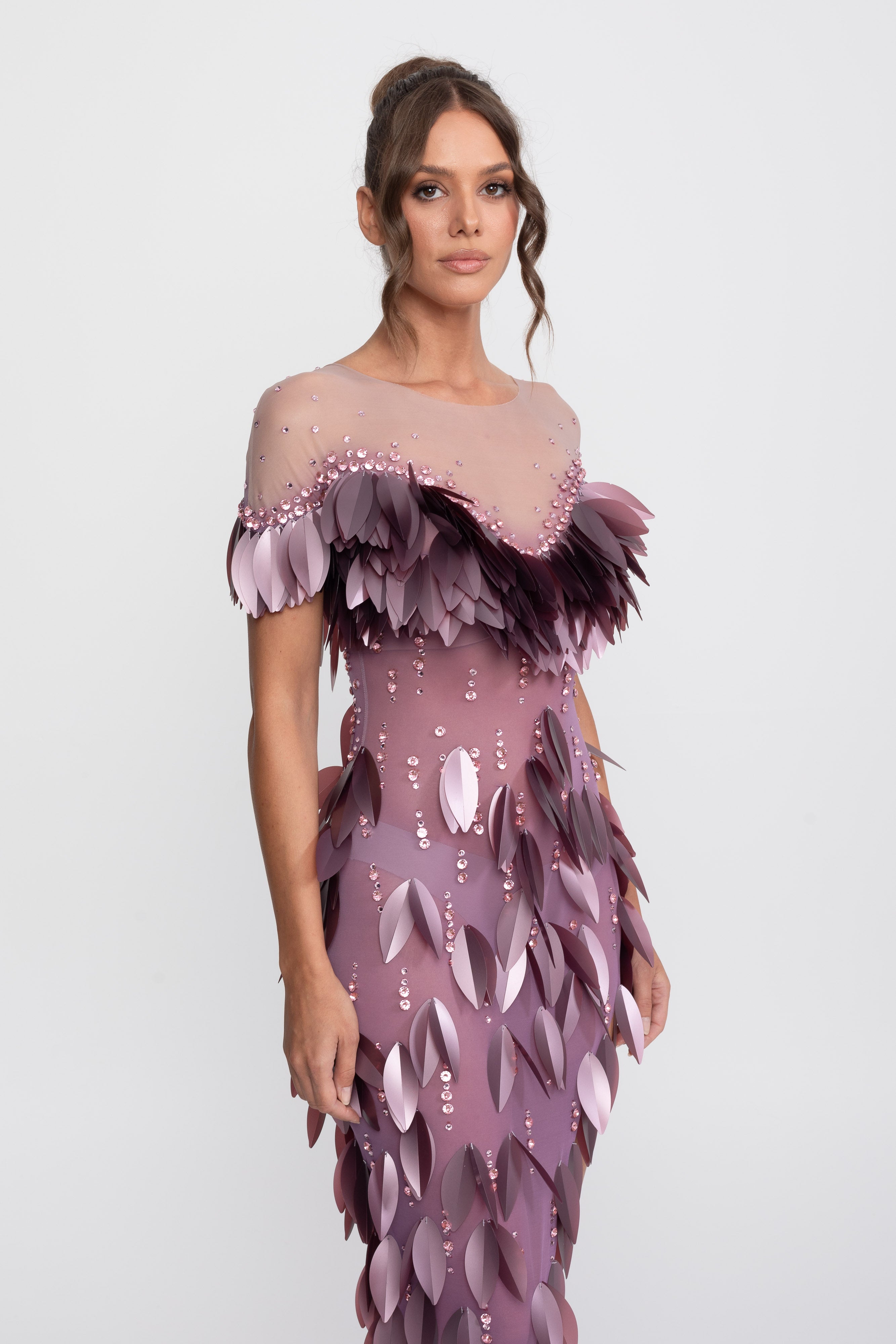 3D-Petal-Perlen-Slit-Kleid mit kurzen Ärmeln - Lila