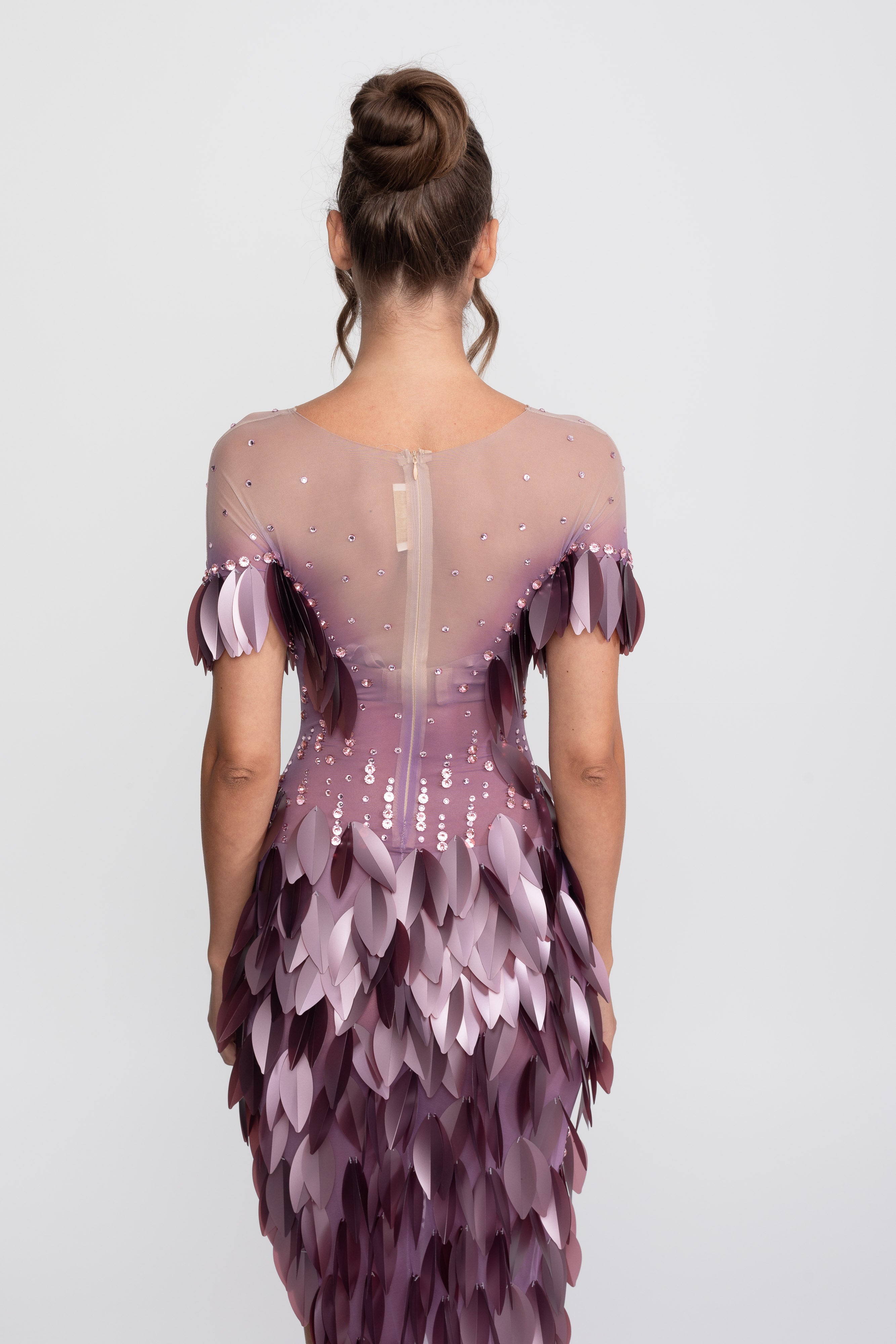 3D-Petal-Perlen-Slit-Kleid mit kurzen Ärmeln - Lila