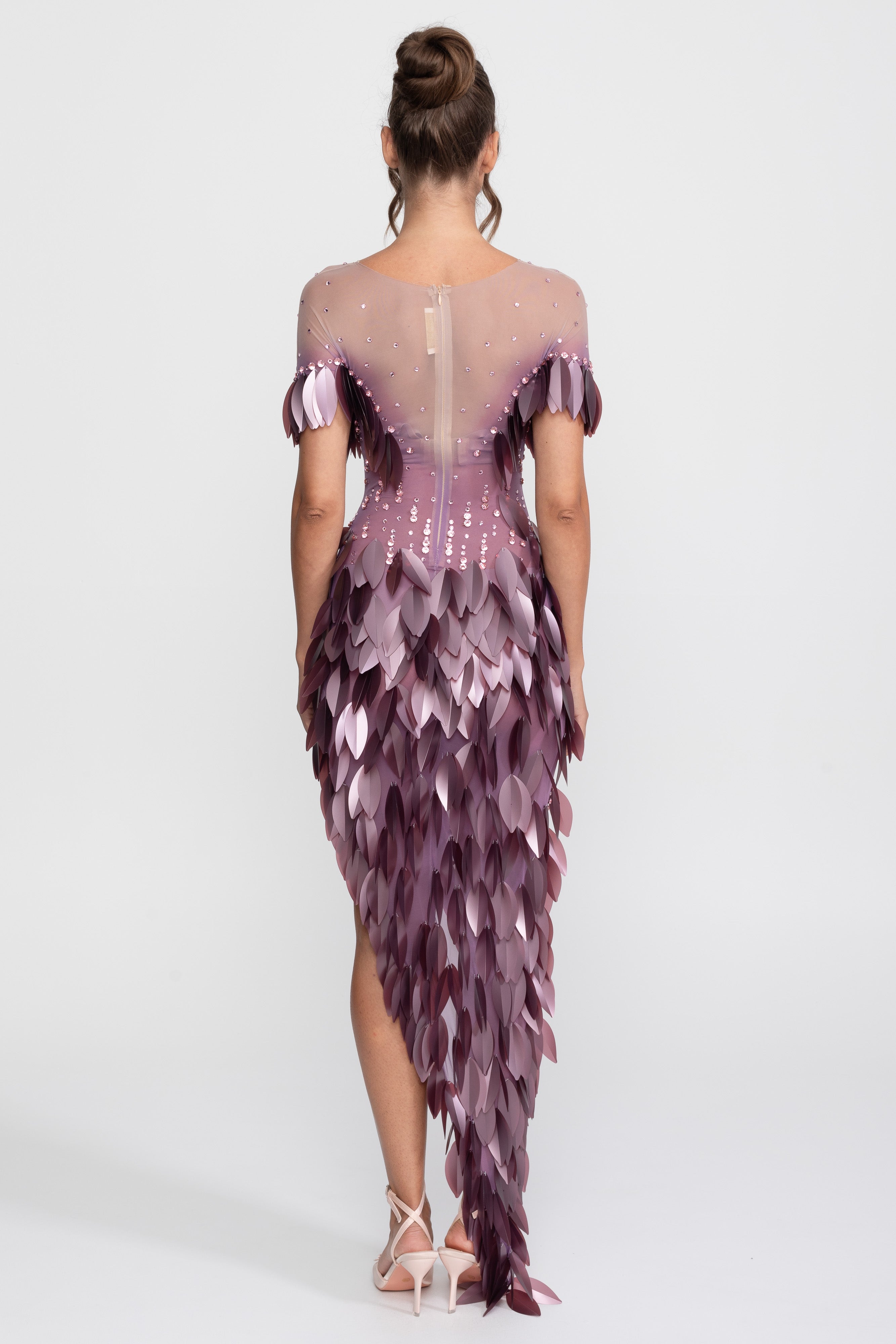 3D-Petal-Perlen-Slit-Kleid mit kurzen Ärmeln - Lila