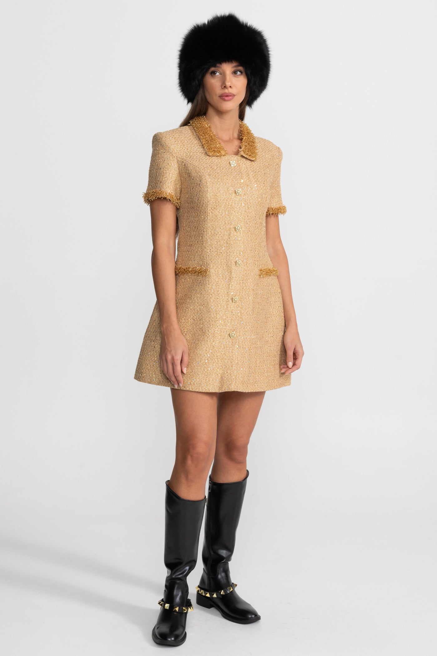 Kurzärmeliges Tweed-Minikleid mit metallischem Fransenbesatz – Gold