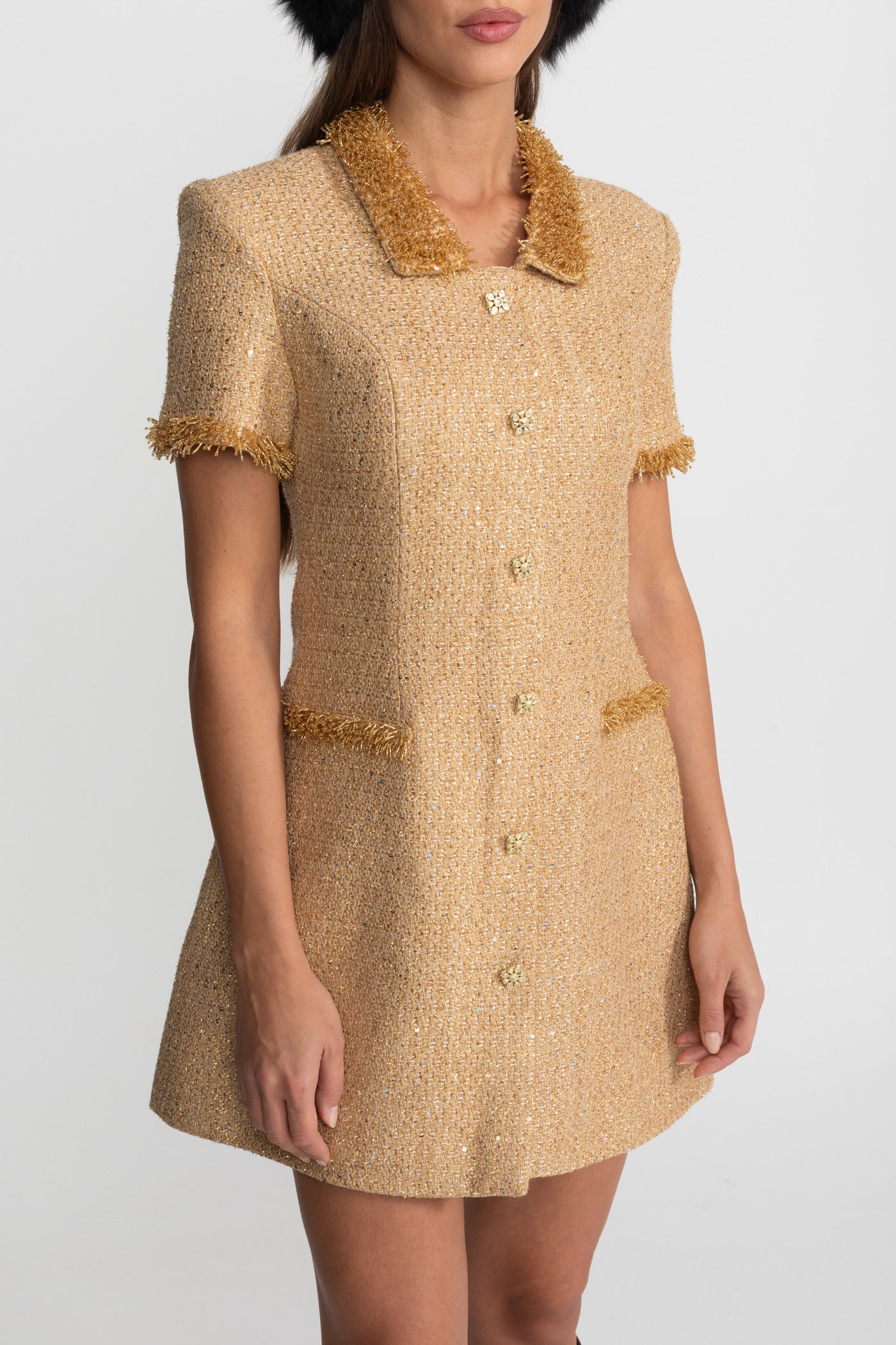 Kurzärmeliges Tweed-Minikleid mit metallischem Fransenbesatz – Gold