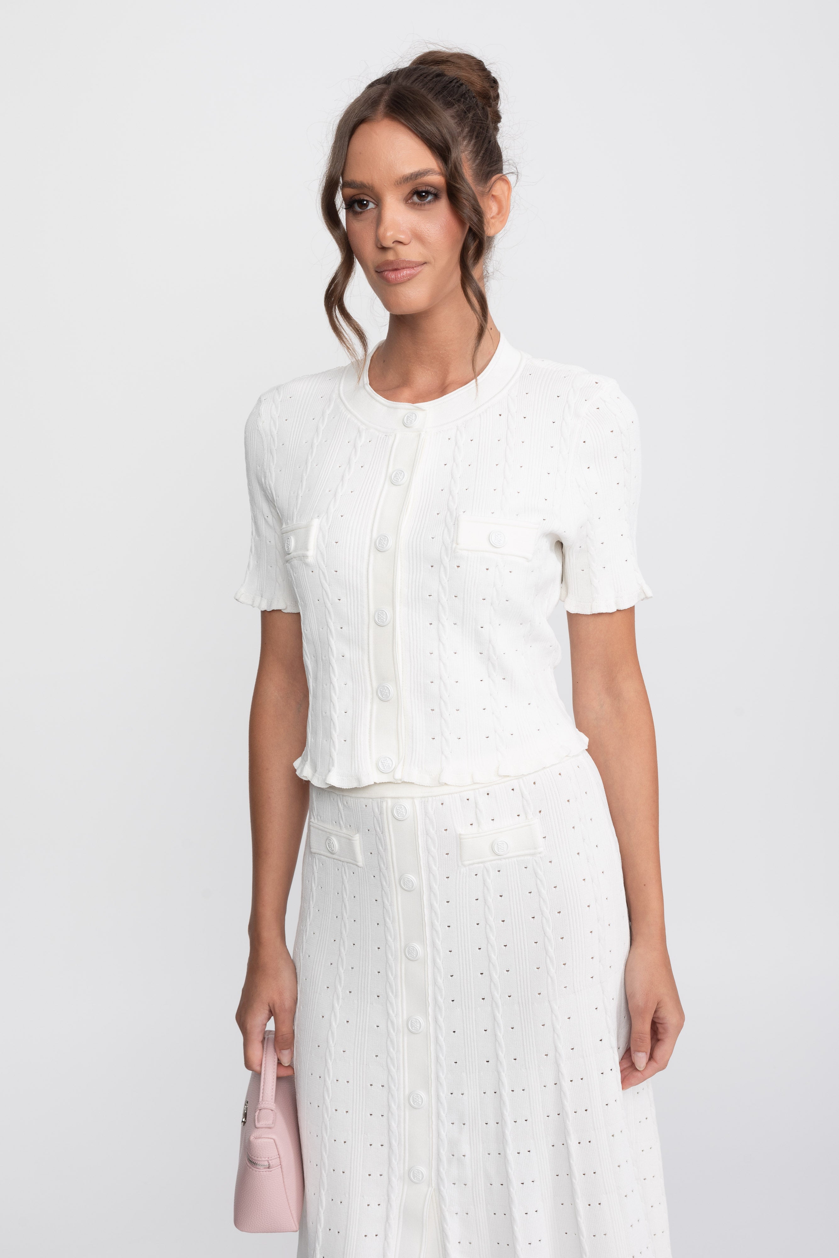 Ribbed Knit Co-Ord Set With Buttoned Front Cardigan And Matching Maxi Skirt - White