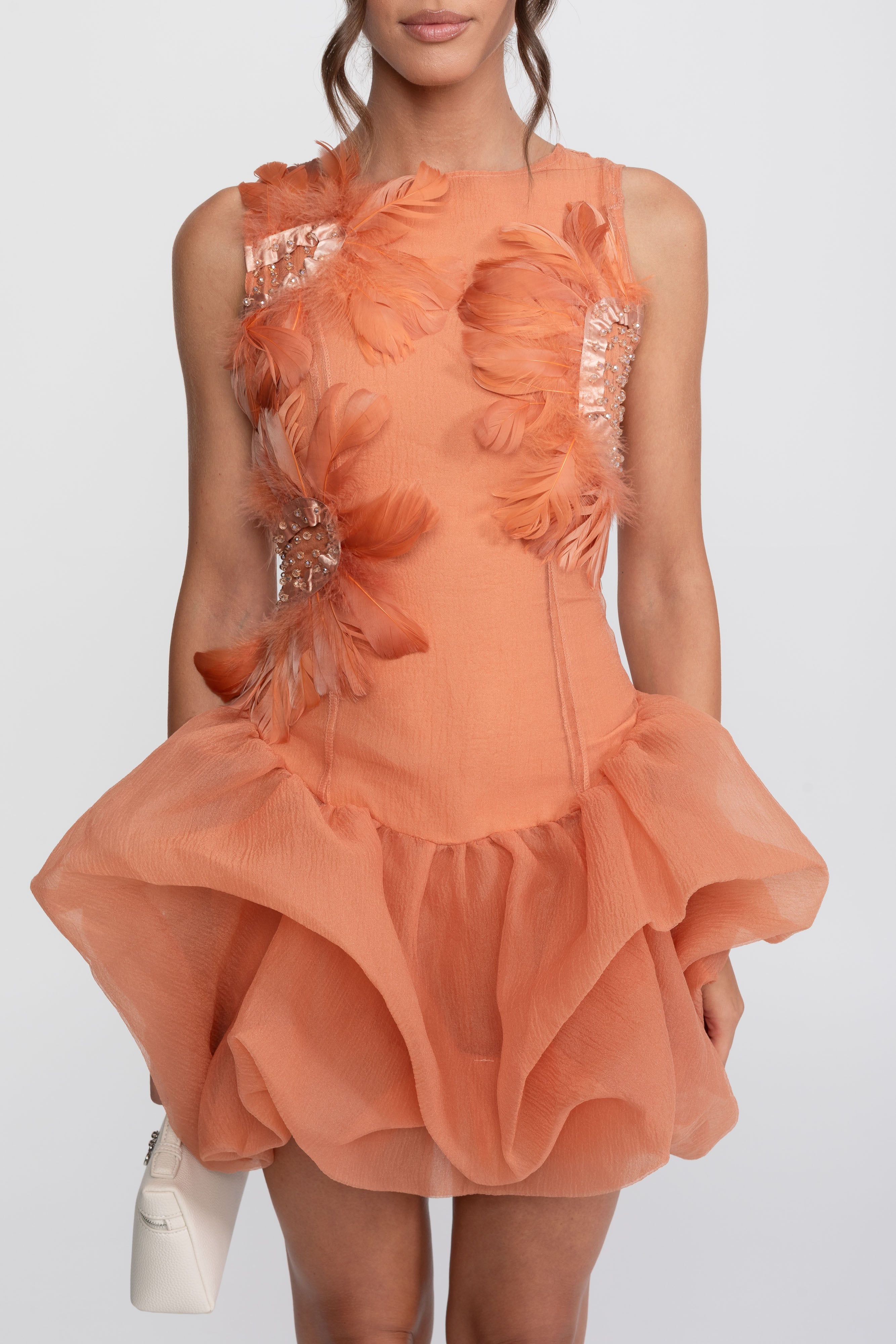 3D-Federapplikations-Peplum-Minikleid mit Kristallperlen - Orange