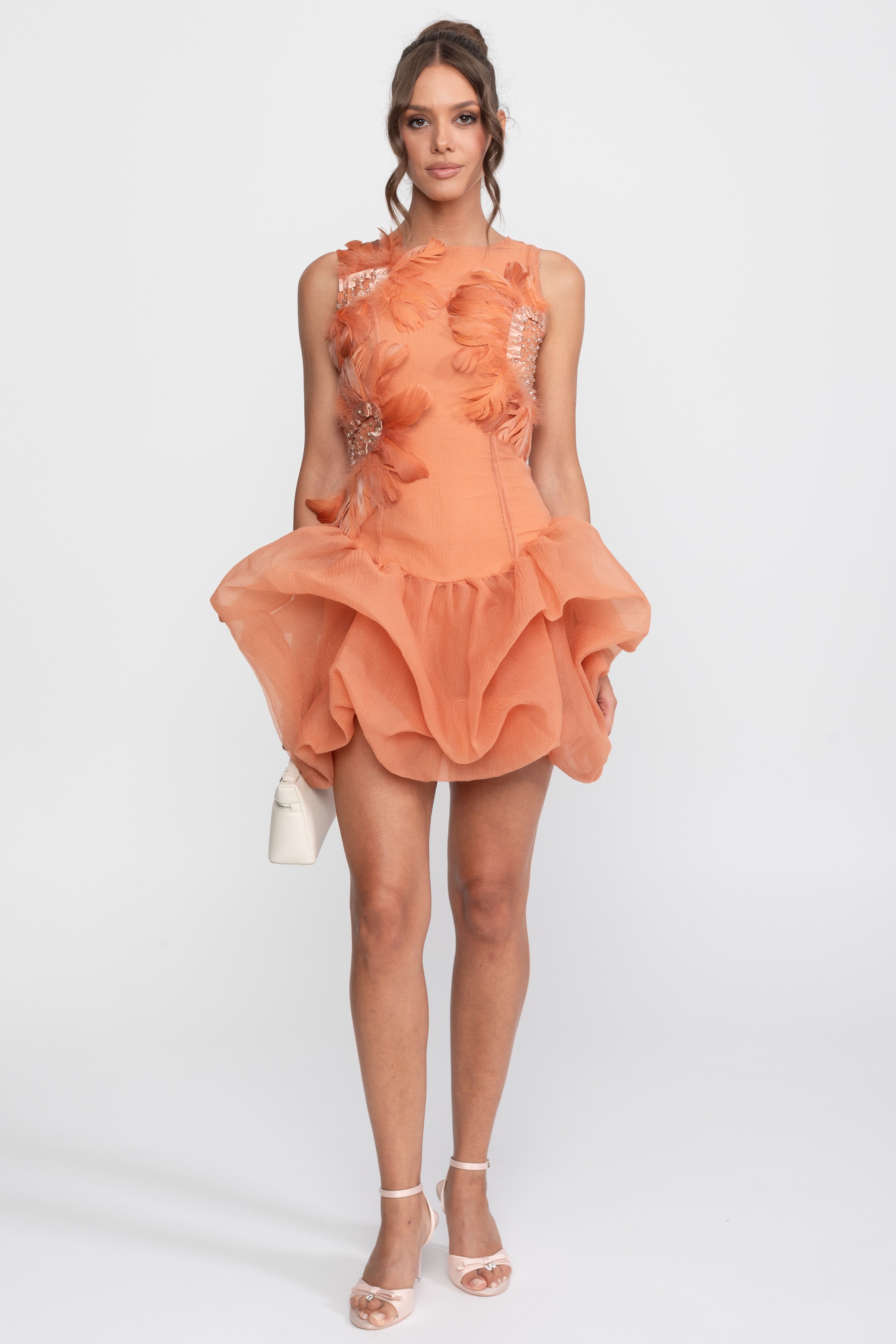 3D-Federapplikations-Peplum-Minikleid mit Kristallperlen - Orange