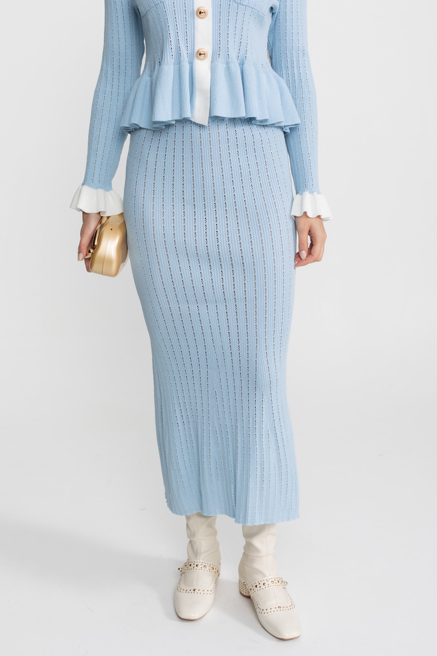 Pointelle Strick Midi Co-Ord mit kontrastierendem Besatz – Baby Blue