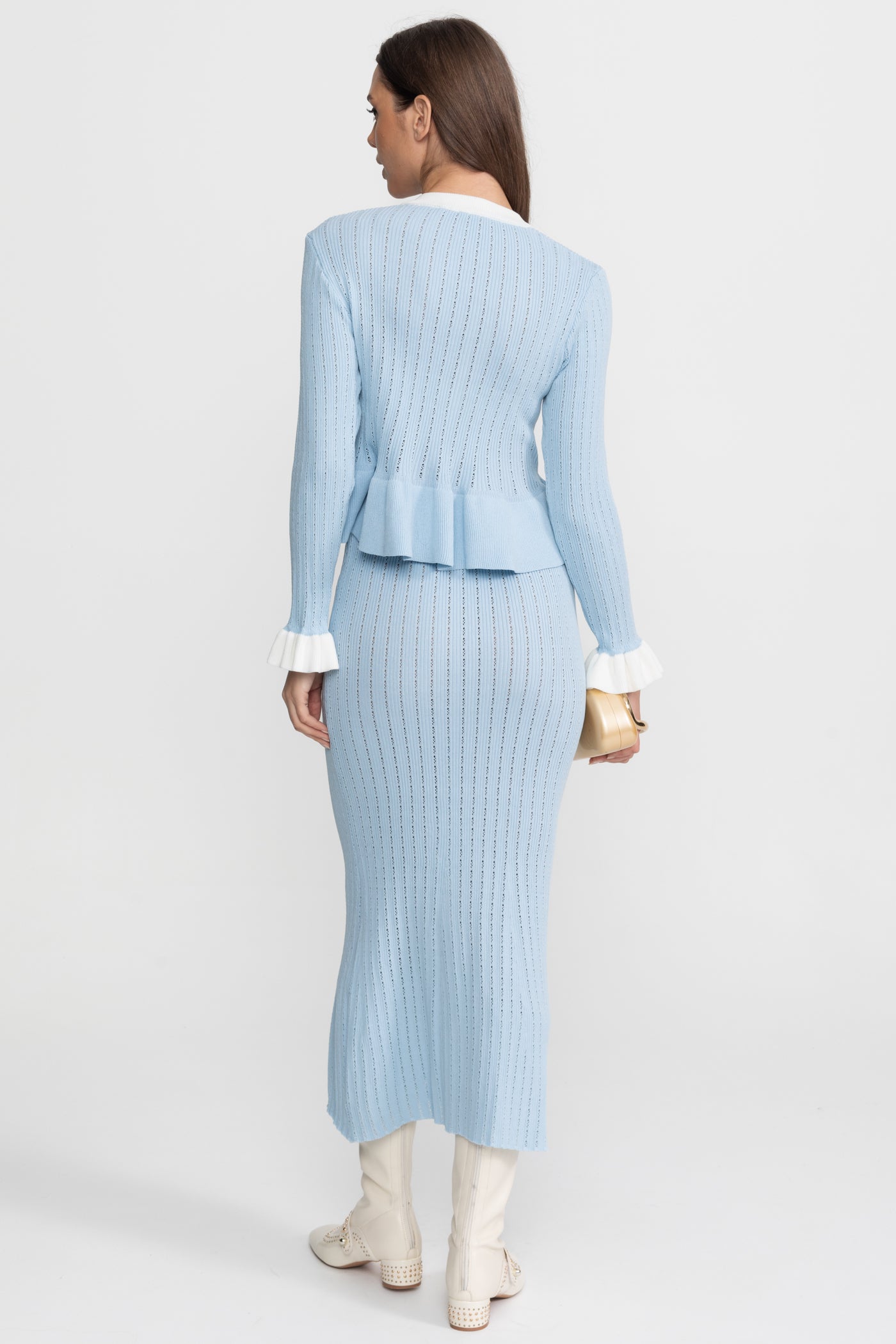 Pointelle Strick Midi Co-Ord mit kontrastierendem Besatz – Baby Blue