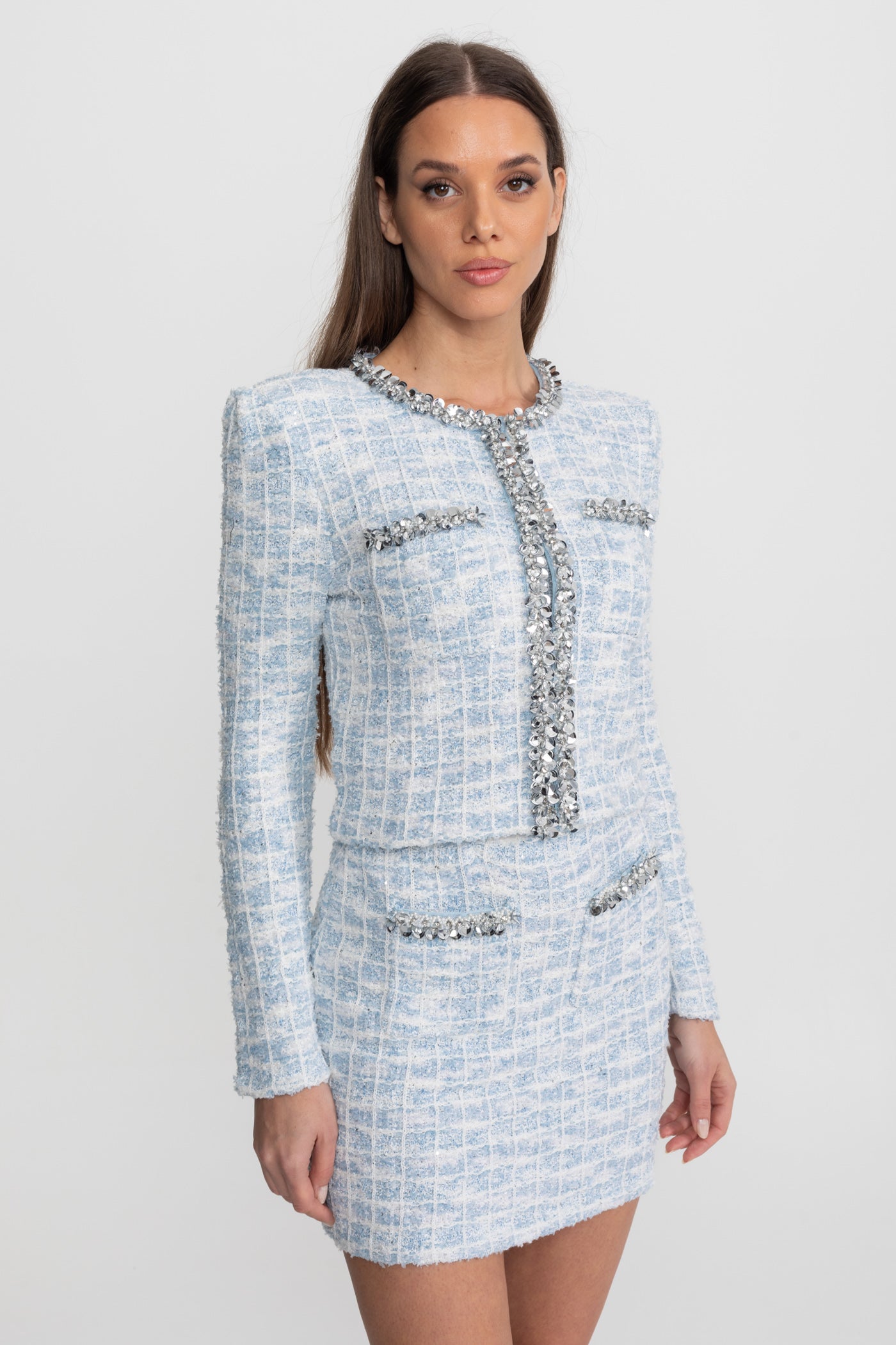 Verziertes Tweed-Co-Ord-Set mit Kristallbesatz – Baby Blue