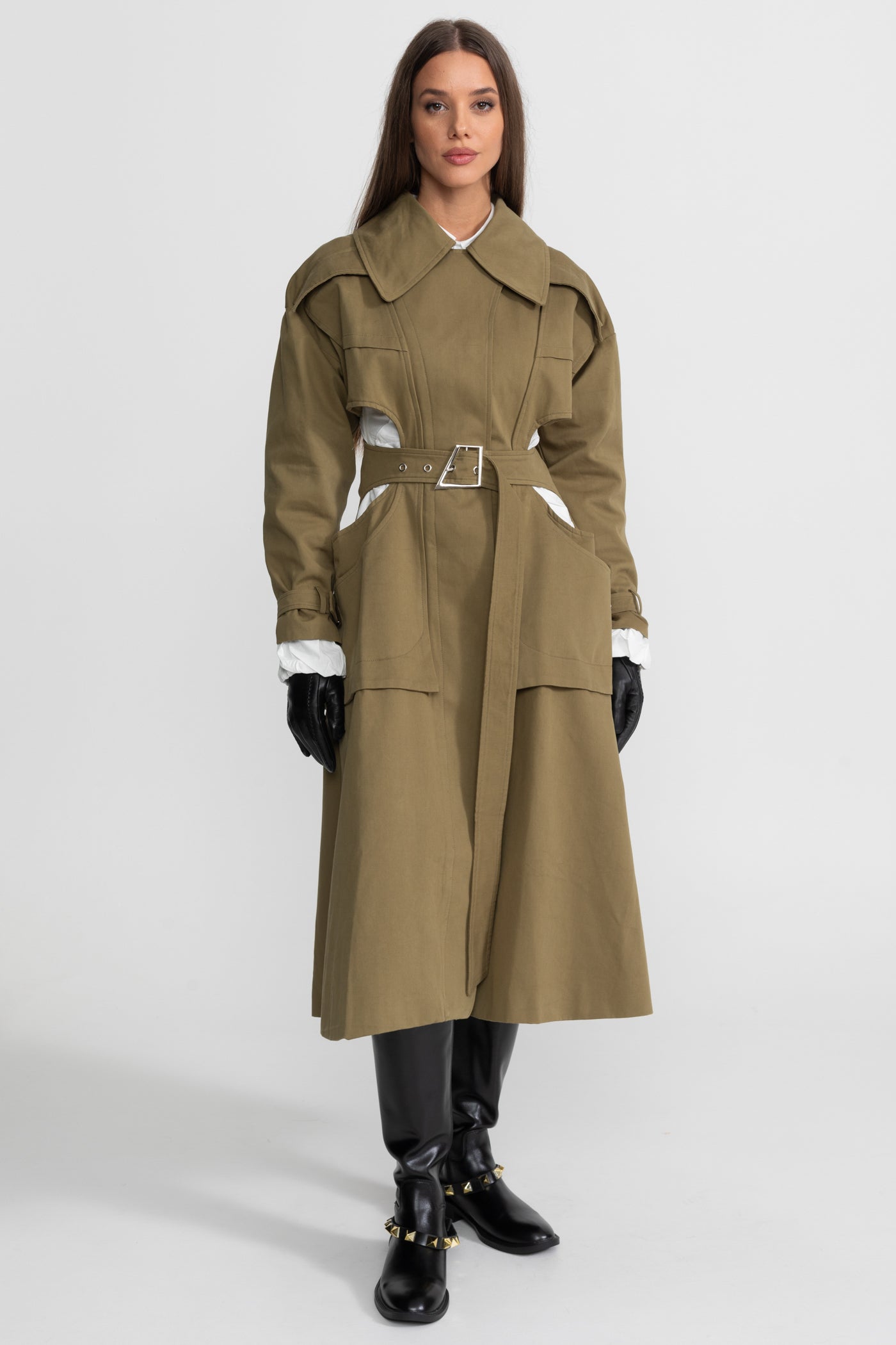 Cutout Trench Coat with Belted Waist and Utility Pockets - Khaki