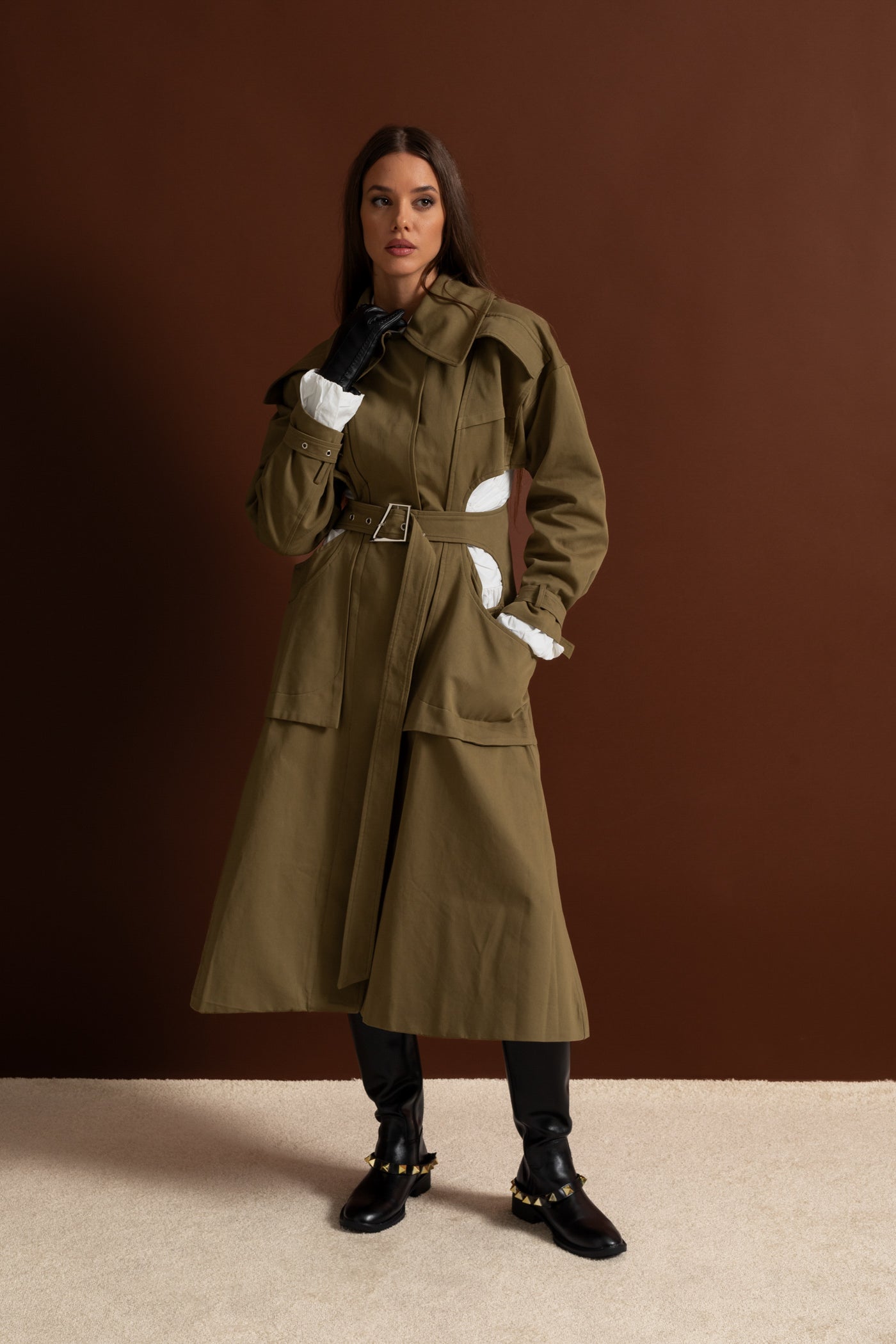 Cutout Trench Coat with Belted Waist and Utility Pockets - Khaki
