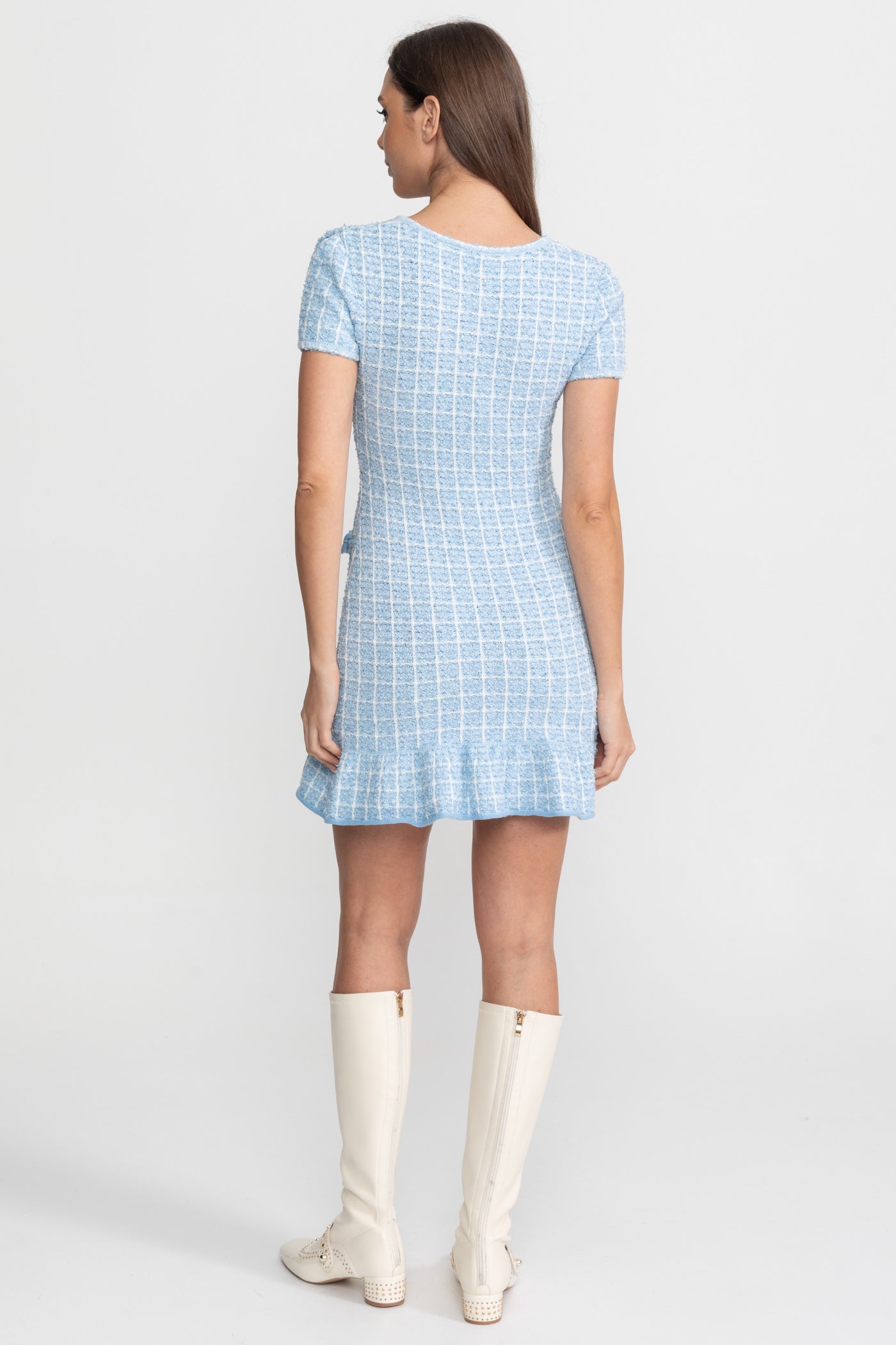 Texturiertes Tweed-Minikleid mit Schleifendetail – baby blue