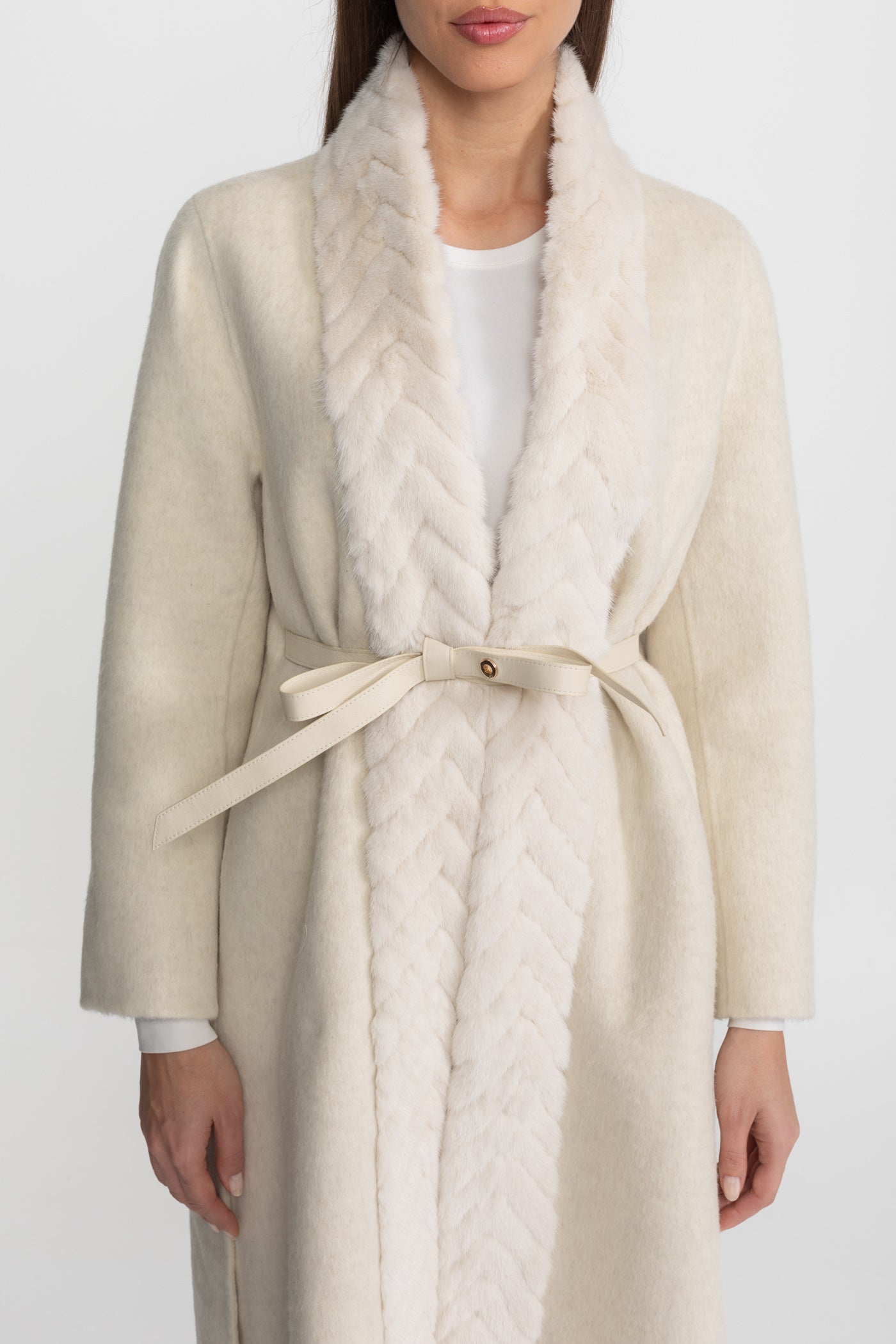Wool Blend Belted Coat with Textured Sable Fur Panel – Ivoire