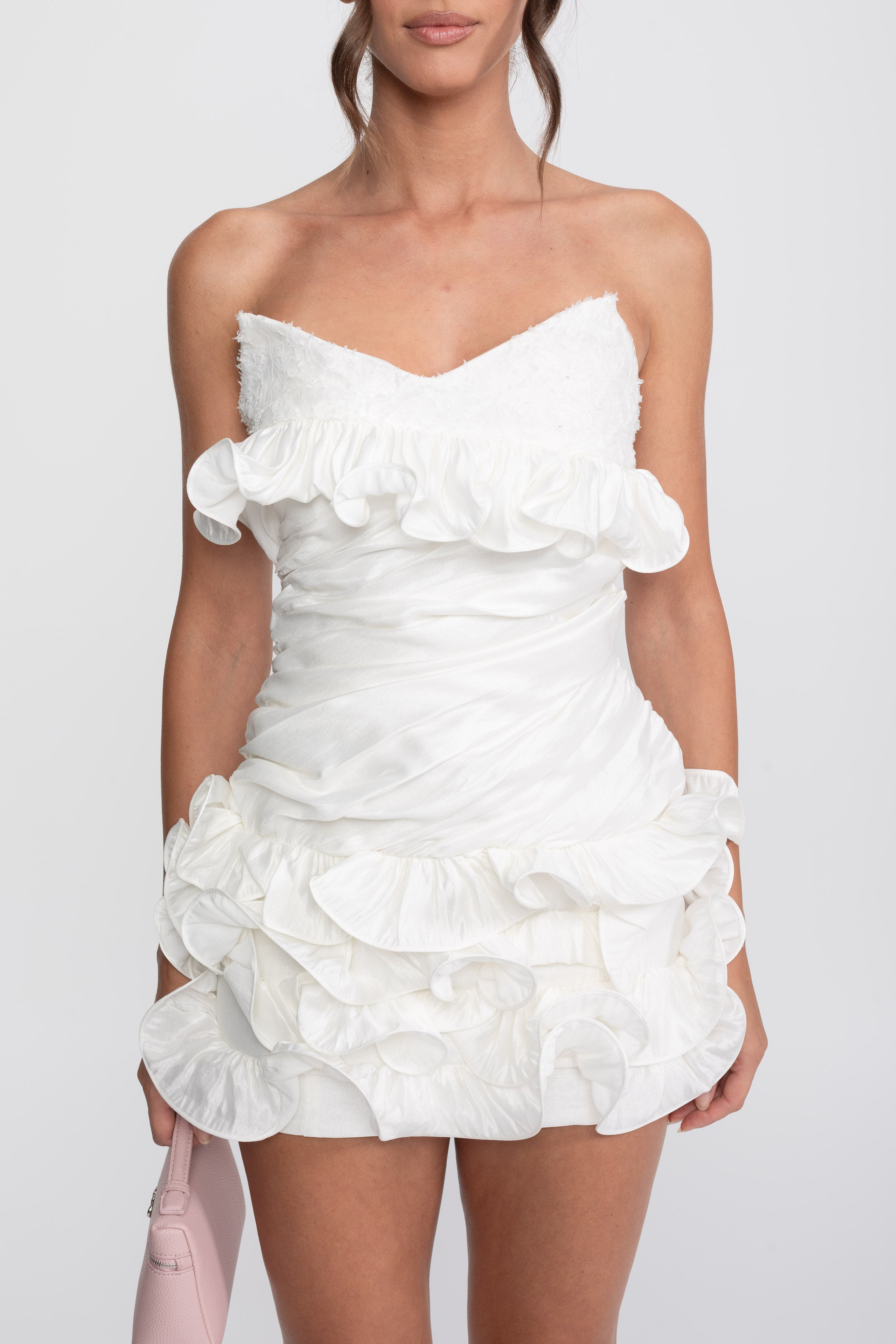 Ruffled Strapless Mini Dress With Sweetheart Neckline - White