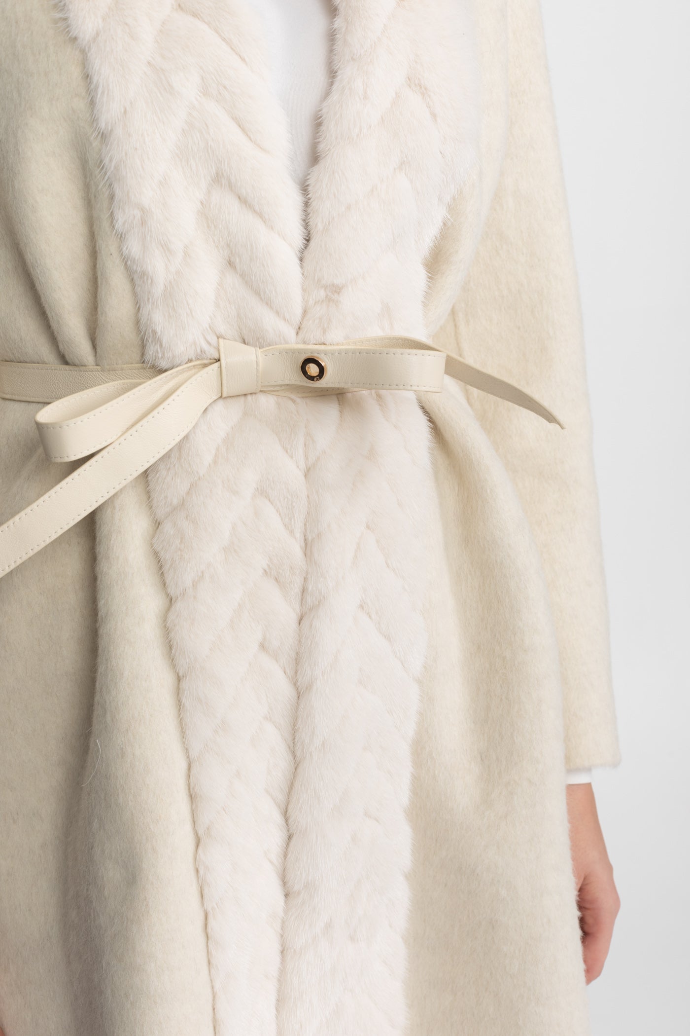 Wool Blend Belted Coat with Textured Sable Fur Panel – Ivoire
