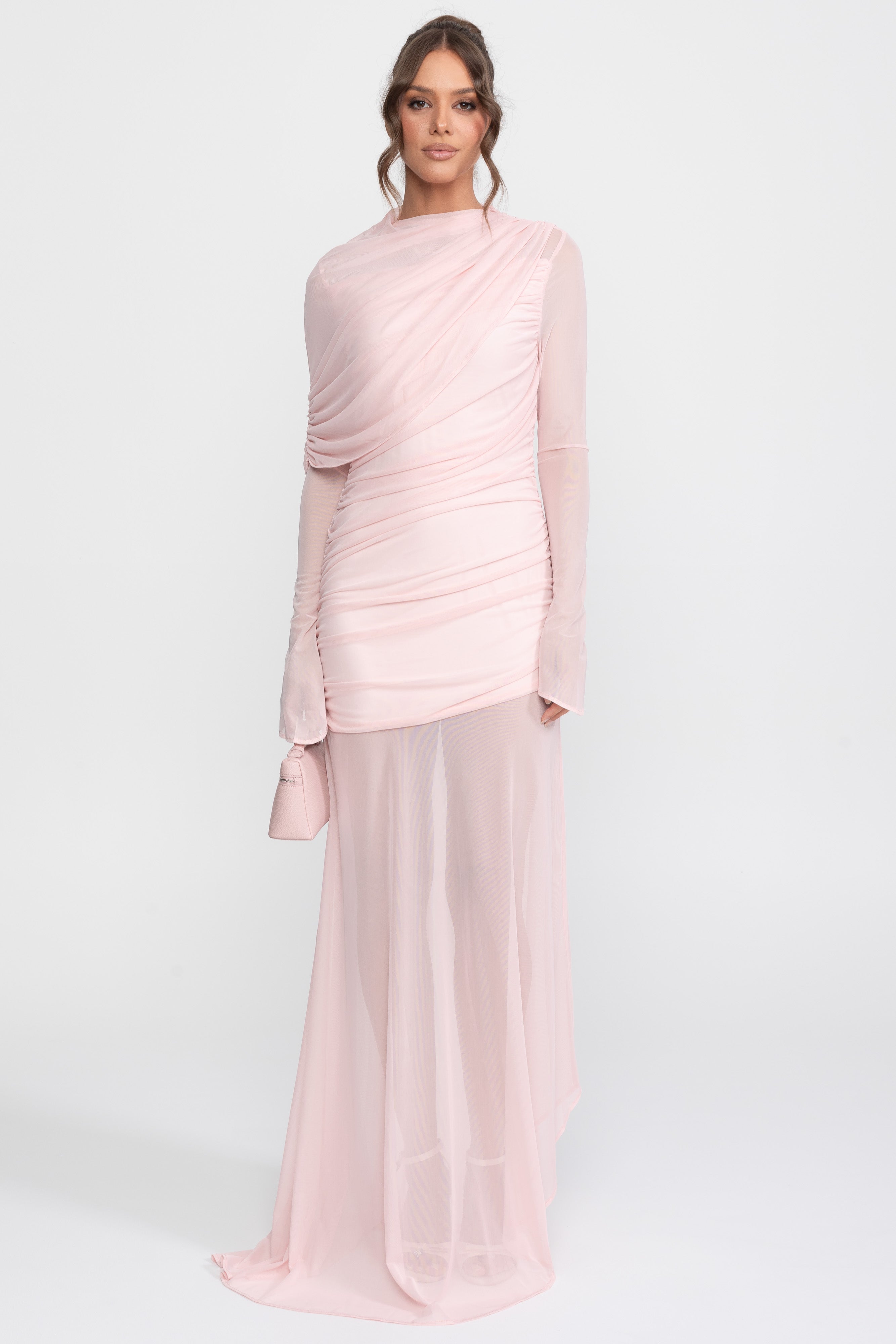 Maxikleid mit drapierten Schultern und transparentem Rock – Pink