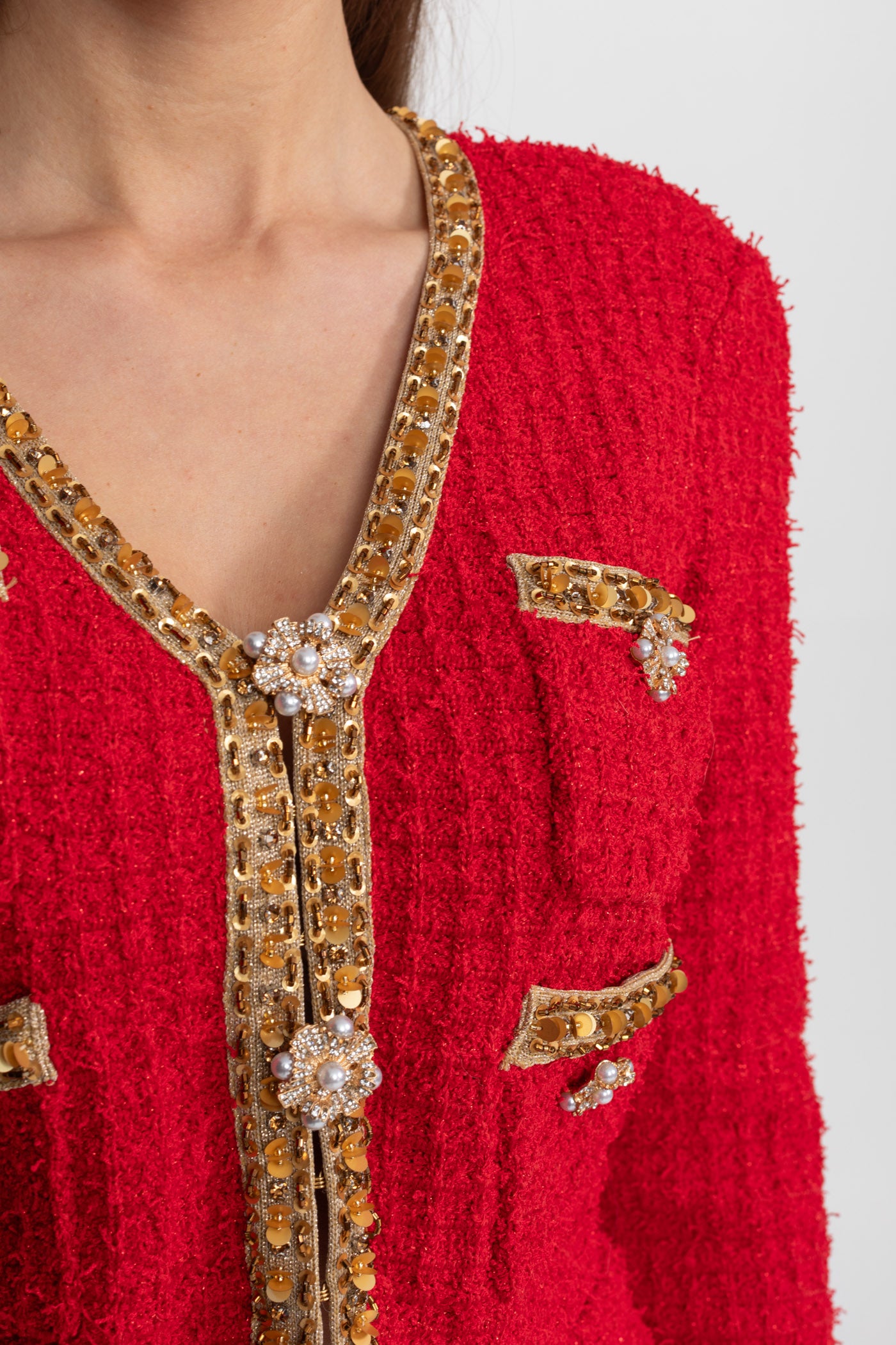 Textured Tweed Co-Ord Set with Gold Trim and Crystal Buttons – Red