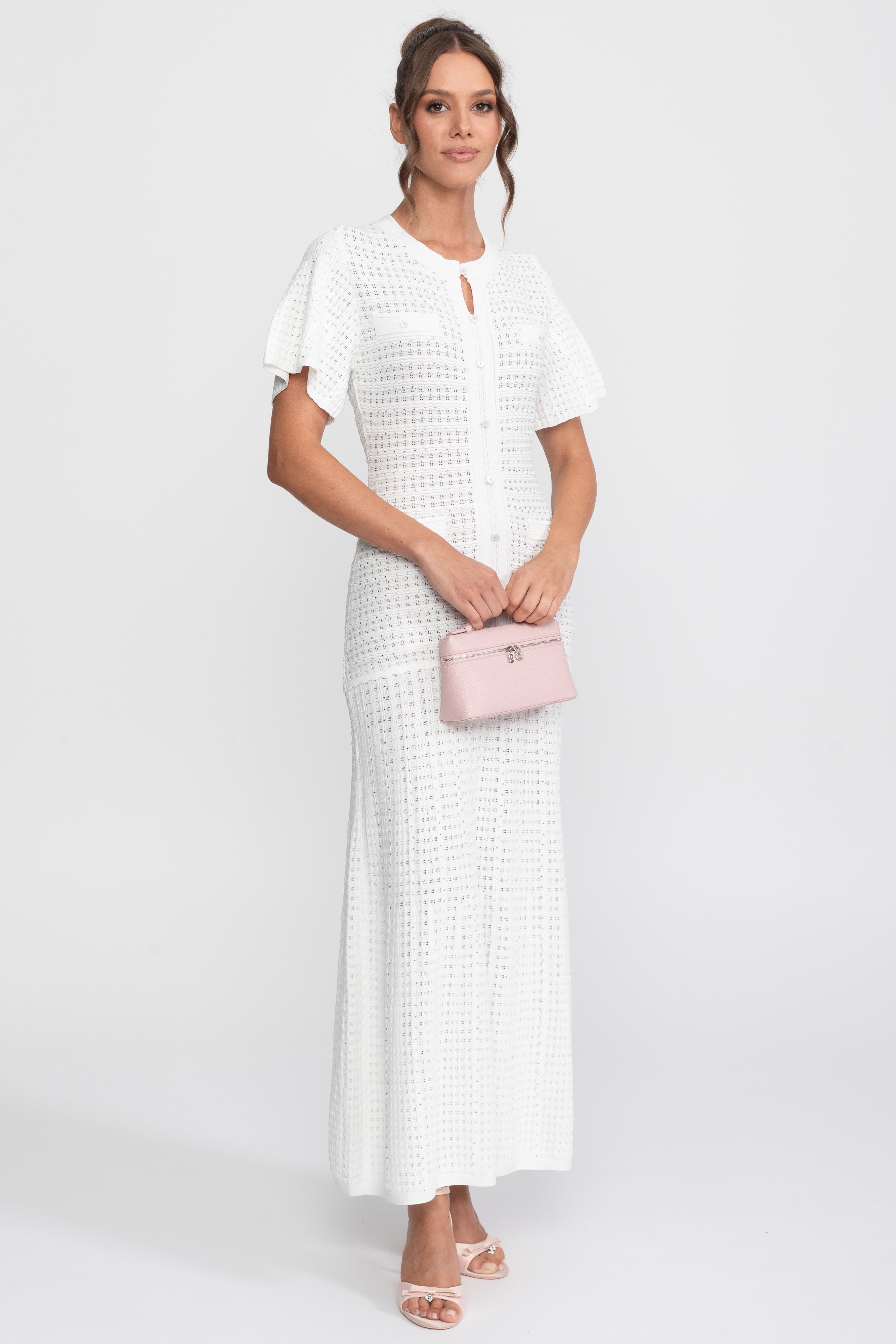 Short Sleeve Midi Dress With Shimmer Knit Texture - White