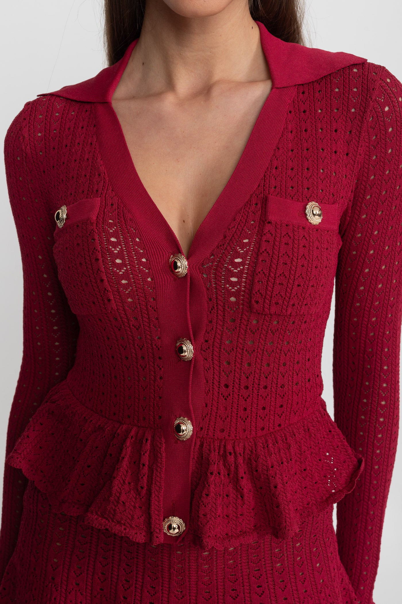 Pointelle-Strick-Minikleid mit Peplum-Saum – Dunkelrot