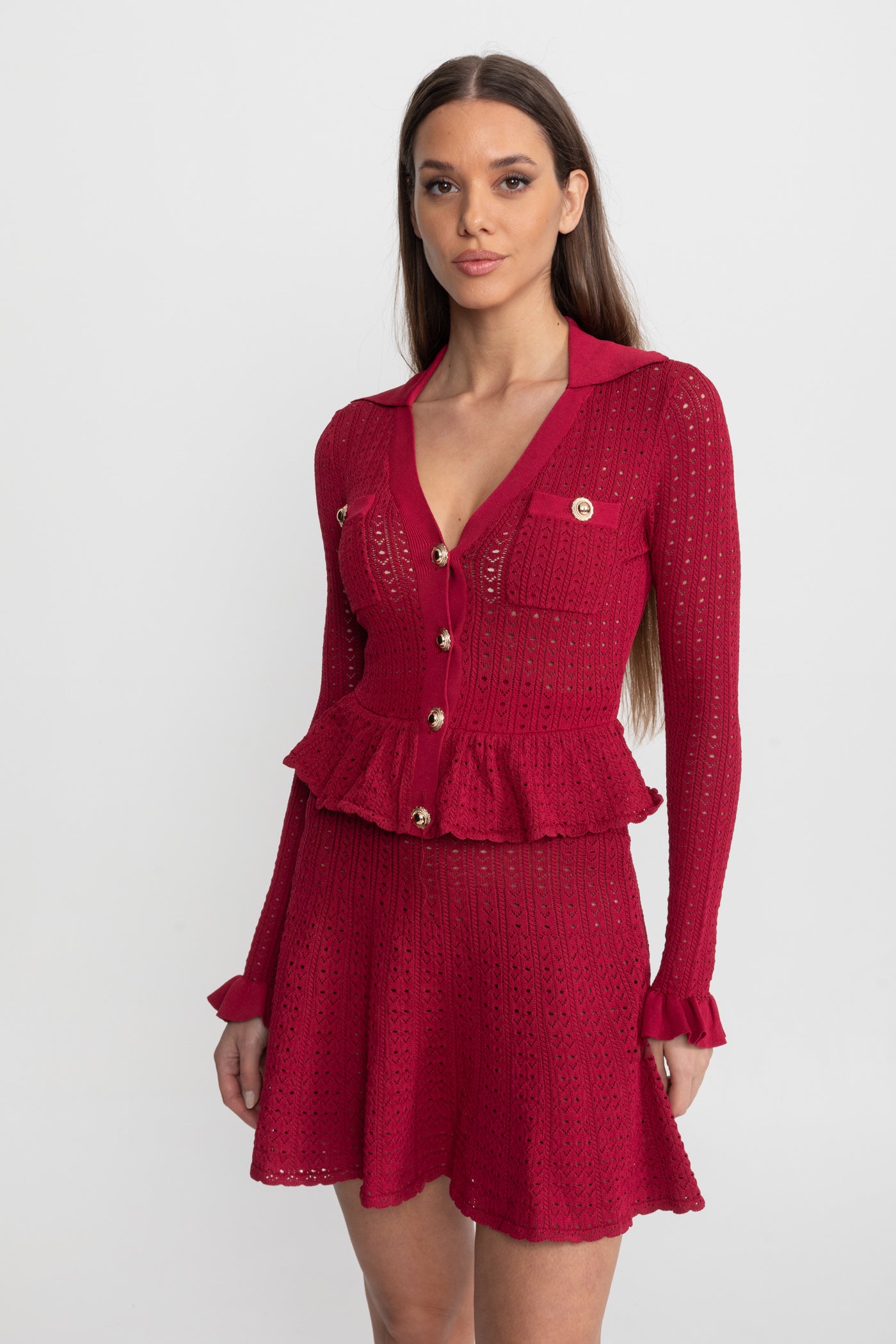 Pointelle-Strick-Minikleid mit Peplum-Saum – Dunkelrot