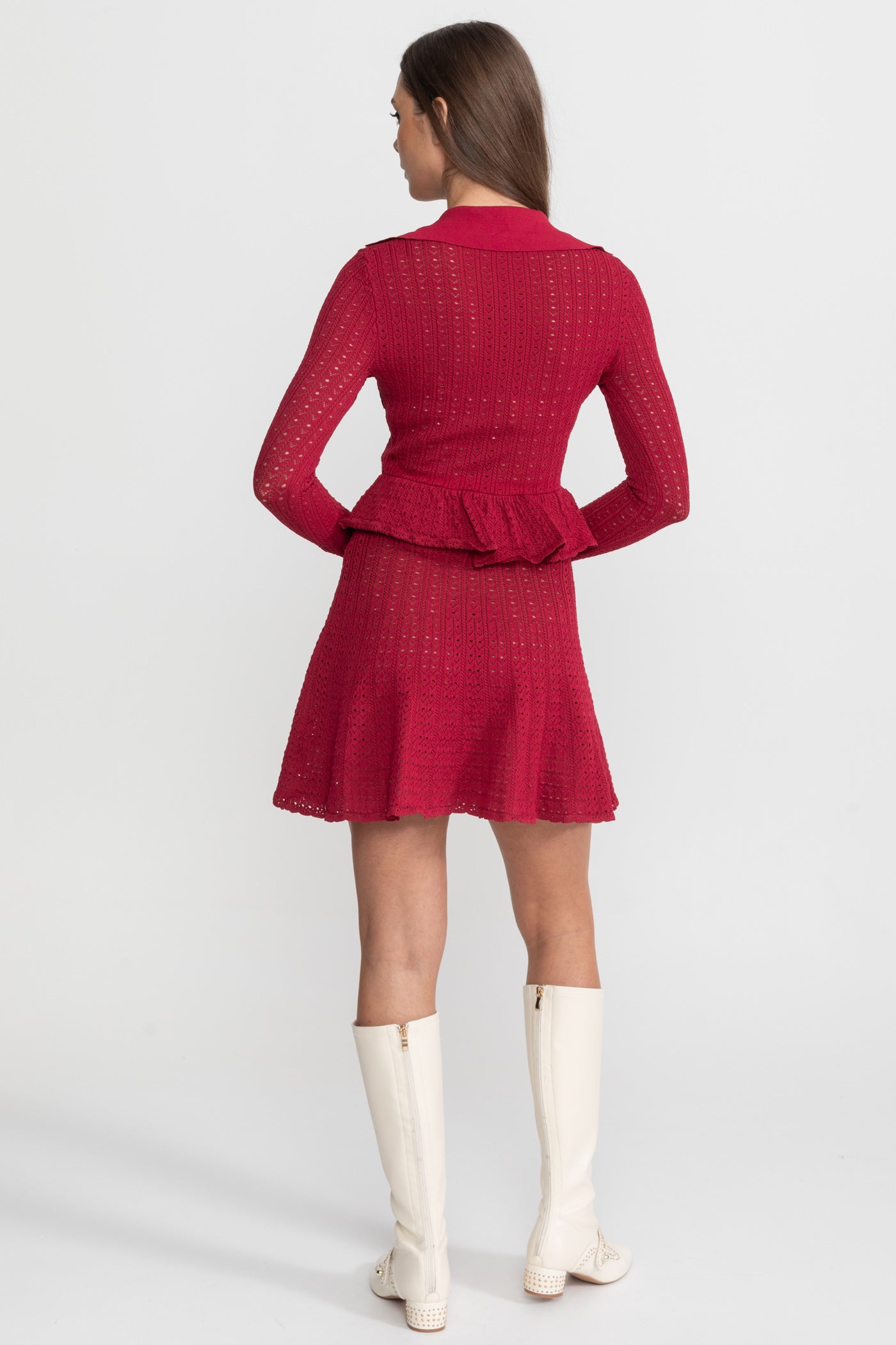 Pointelle-Strick-Minikleid mit Peplum-Saum – Dunkelrot