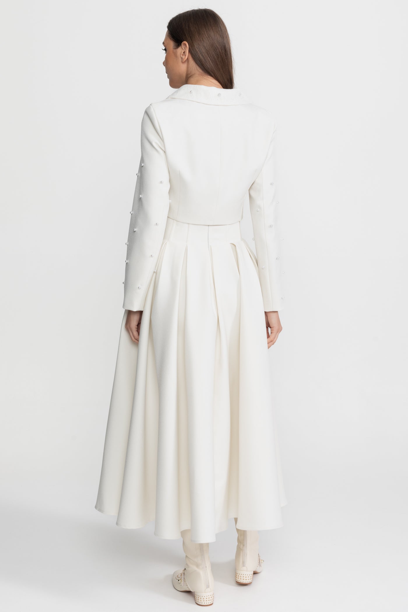 Pearl-Embellished Co-Ord Set with Cropped Jacket and Full Skirt – White