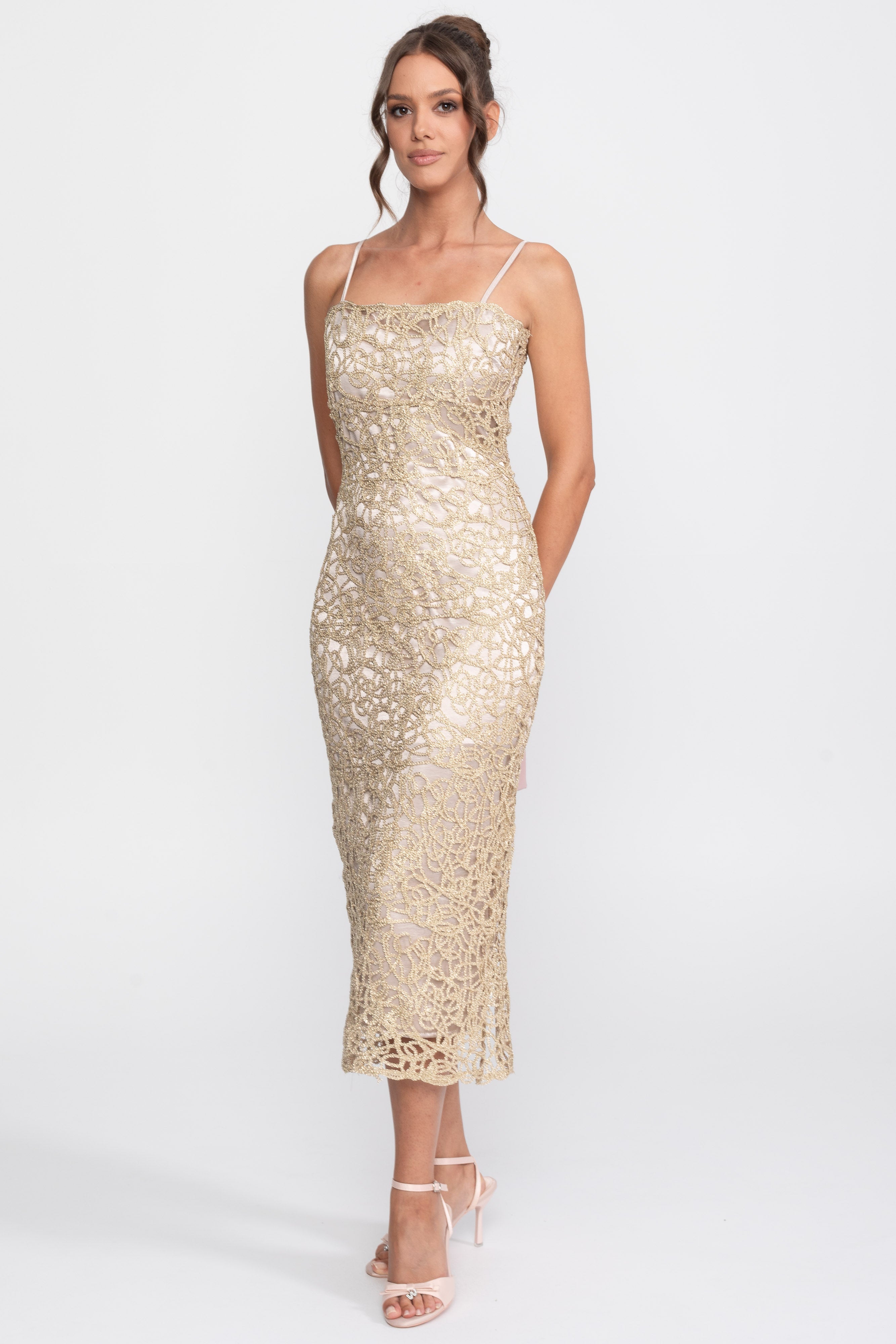 Metallic Lace Sheath Dress With Square Neck - Gold