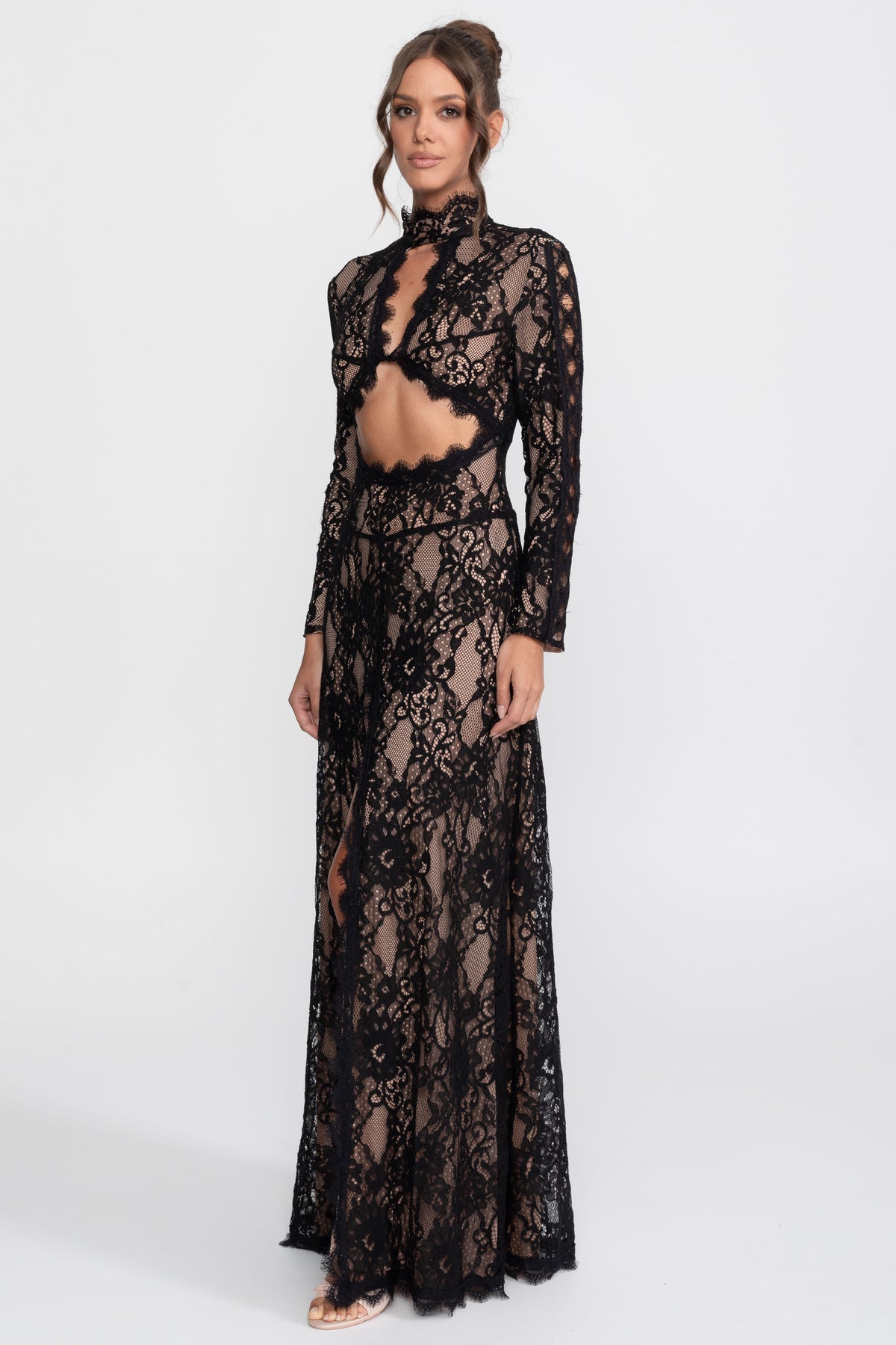 Elegantes Spitzenkleid mit hohem Kragen, Front-Ausschnitt und Schlitz - Schwarz