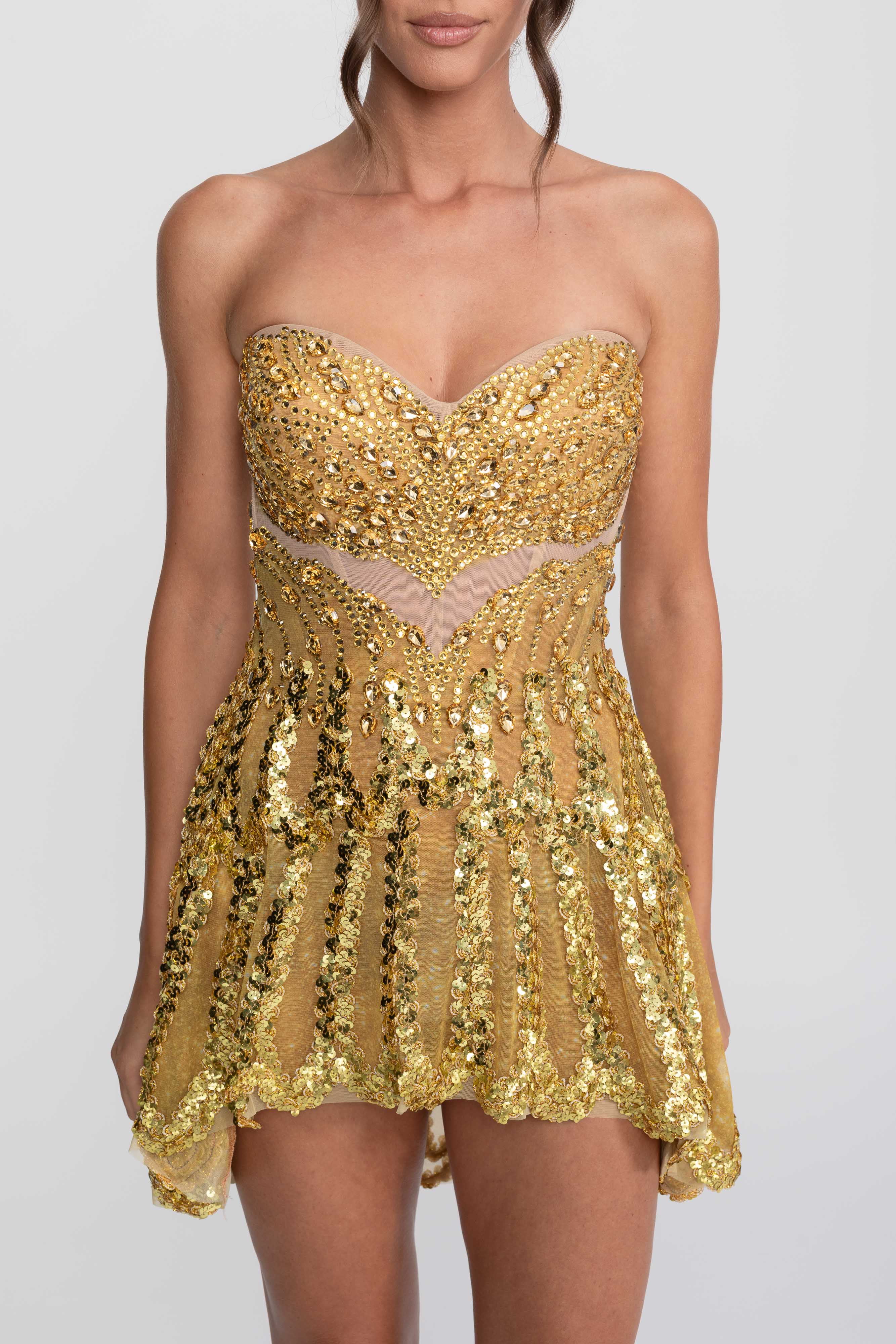 Jeweled Fit-and-Flare Mini Dress With Sweetheart Neckline - Gold
