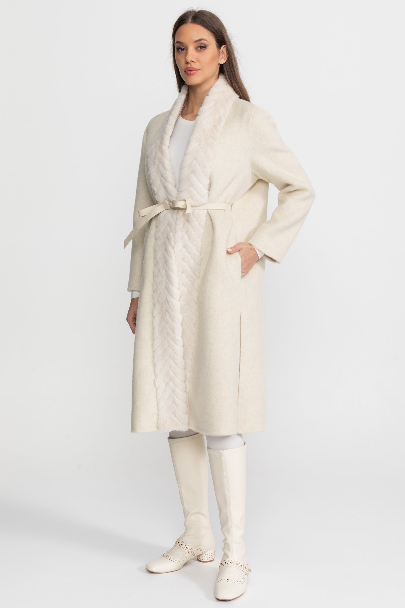 Wool Blend Belted Coat with Textured Sable Fur Panel – Ivoire
