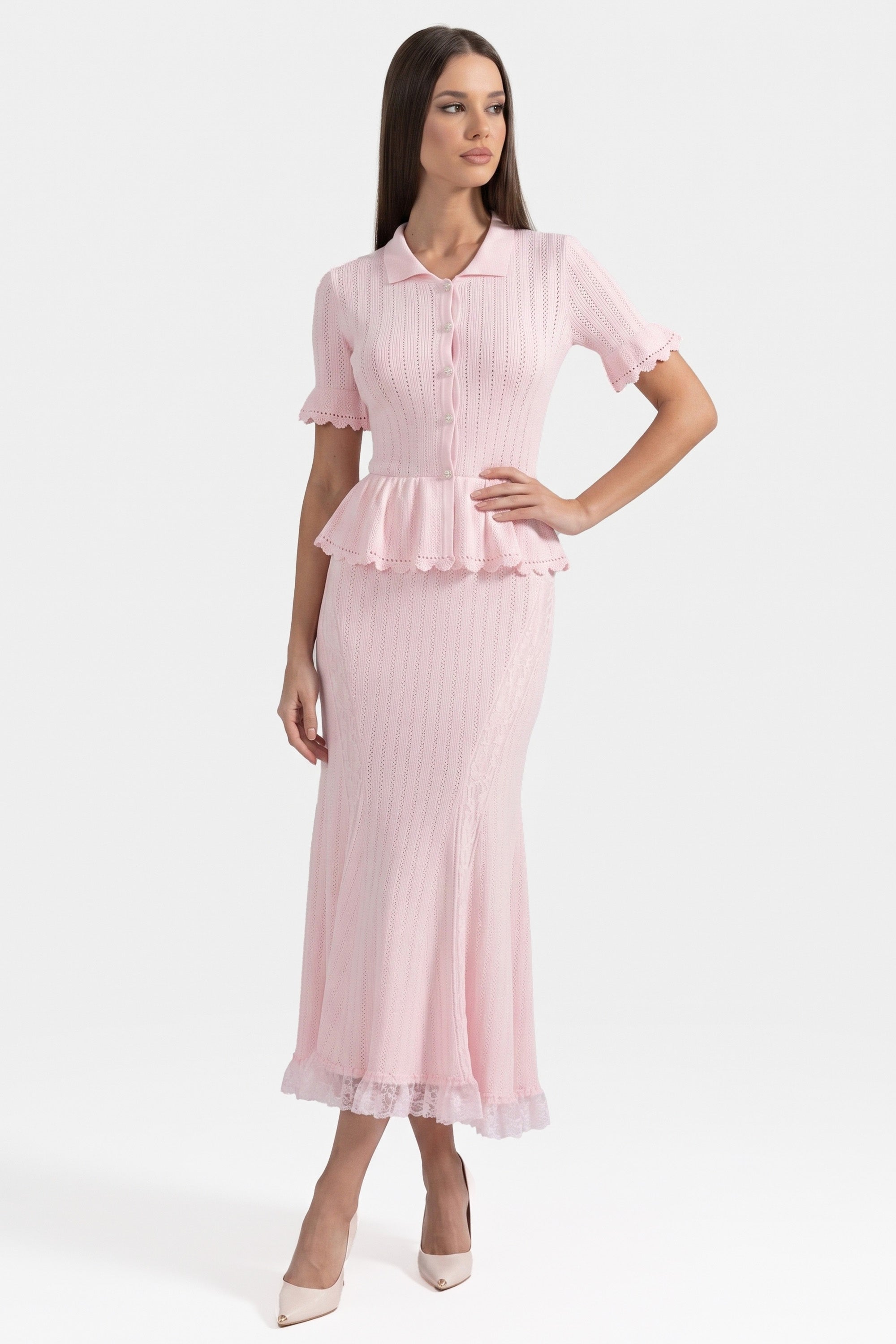 Strick-Maxikleid mit Peter-Pan-Kragen und Peplum mit Spitzensaum - Pink