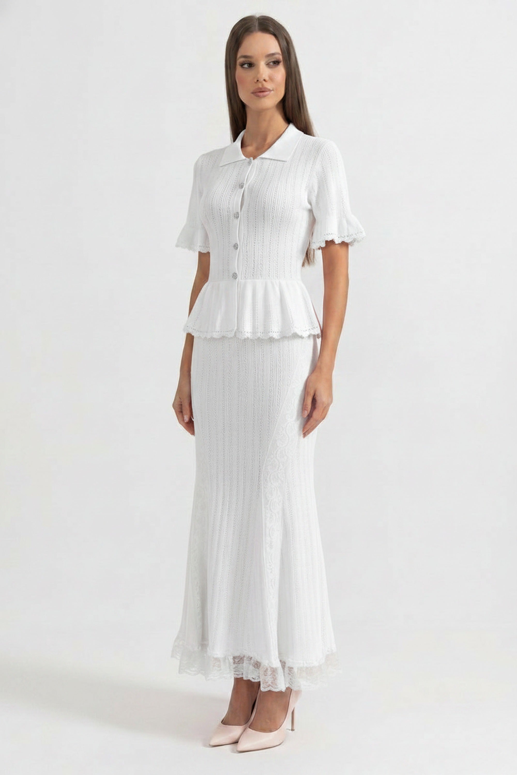 Peter-Pan Collar Knit Peplum Maxi Dress With Lace Hem - White