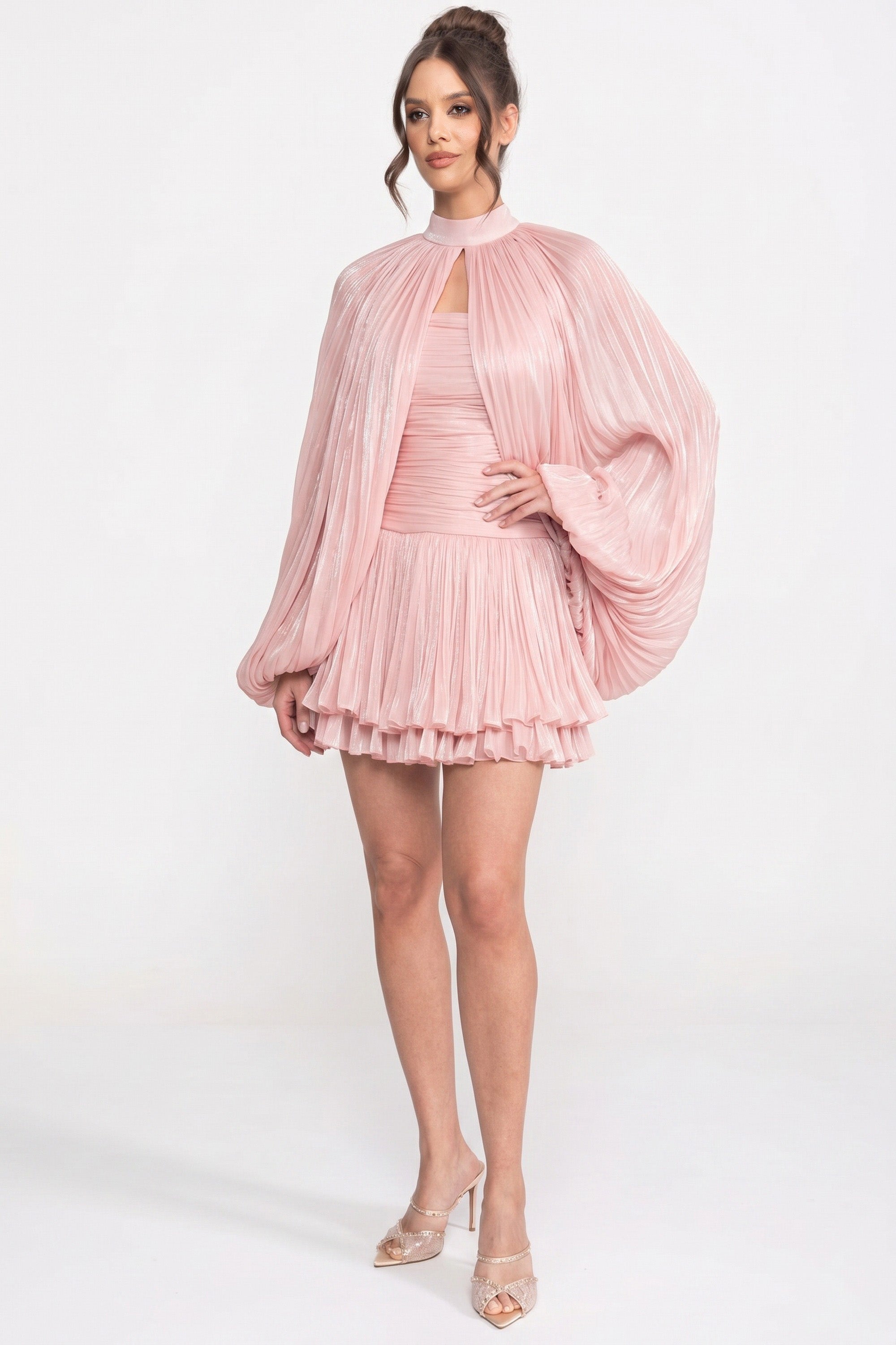 High-Neck Balloon-Sleeve Mini Dress With Pleated Skirt - Pink