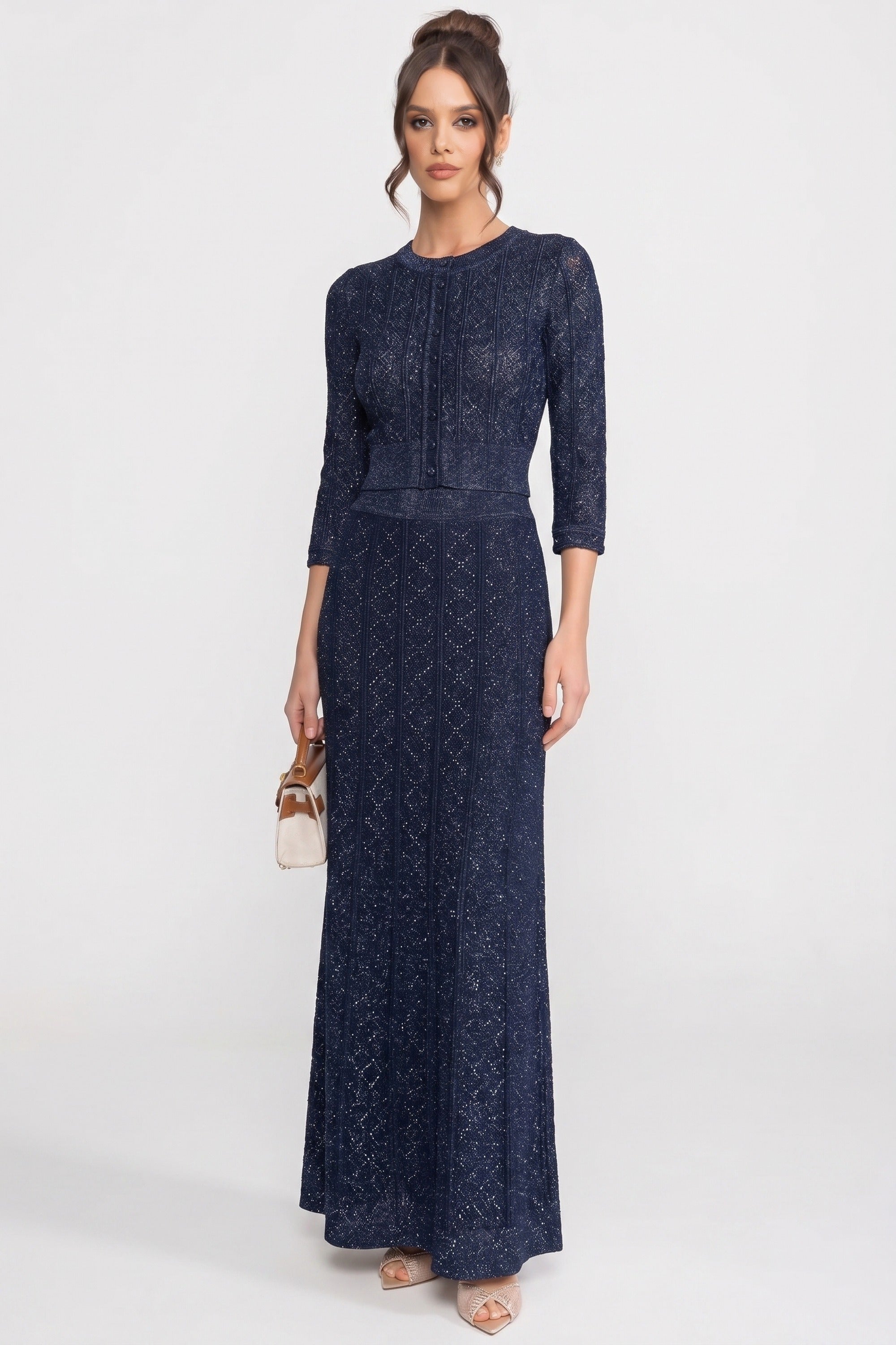 Langärmliges Co-Ord-Set aus Spitze mit Rautenmuster und Maxirock - Navy