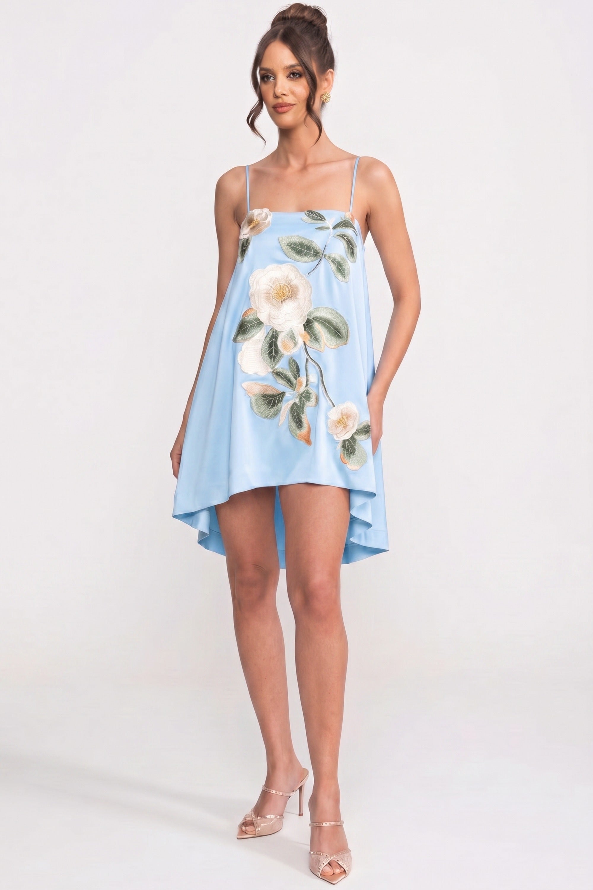 Minikleid mit Spaghettiträgern, 3D-Blumenapplikation und A-Linien-Rock - Blau