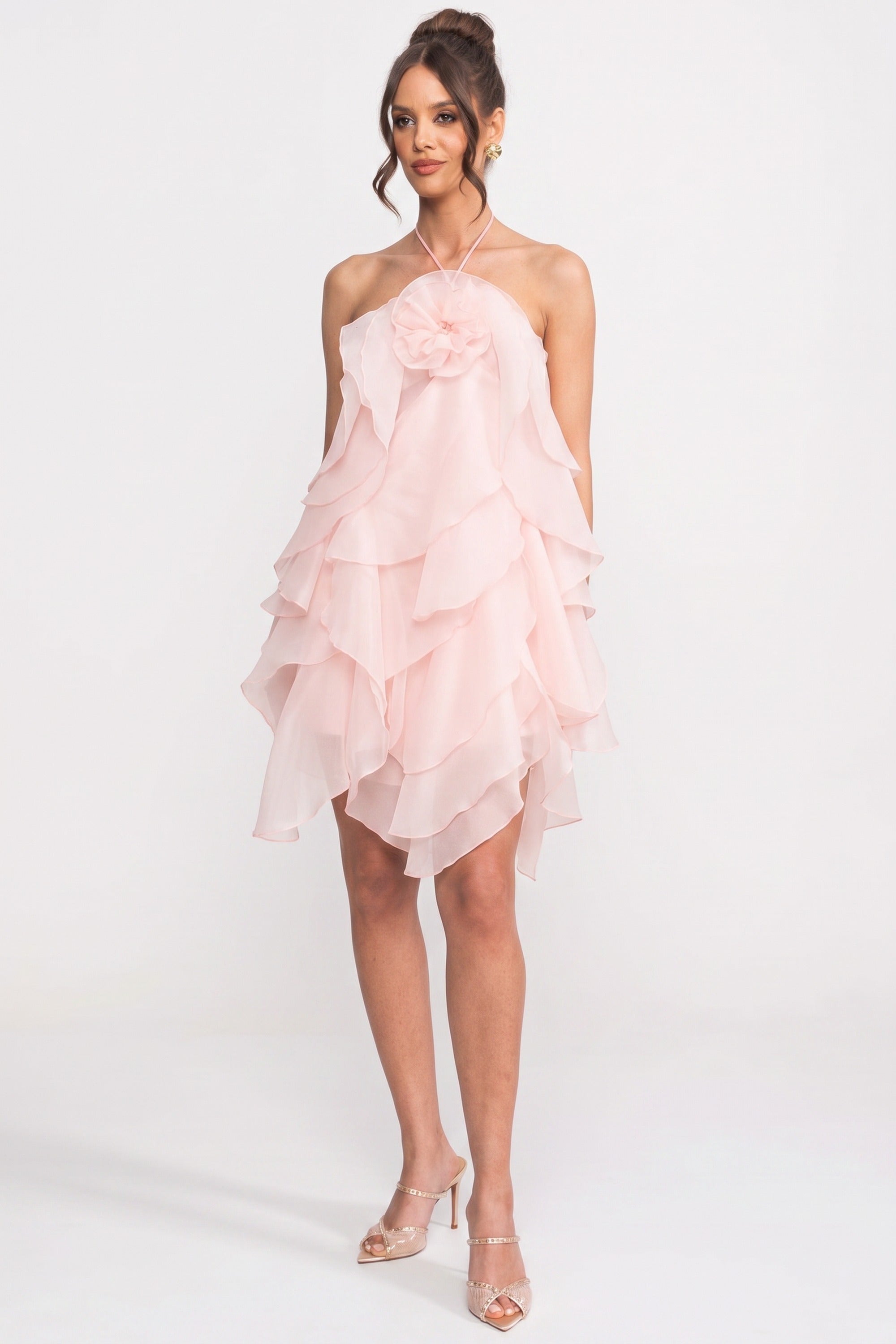 Gestuftes Rüschen-Minikleid mit 3D-Blumen-Halterkragen - Pink
