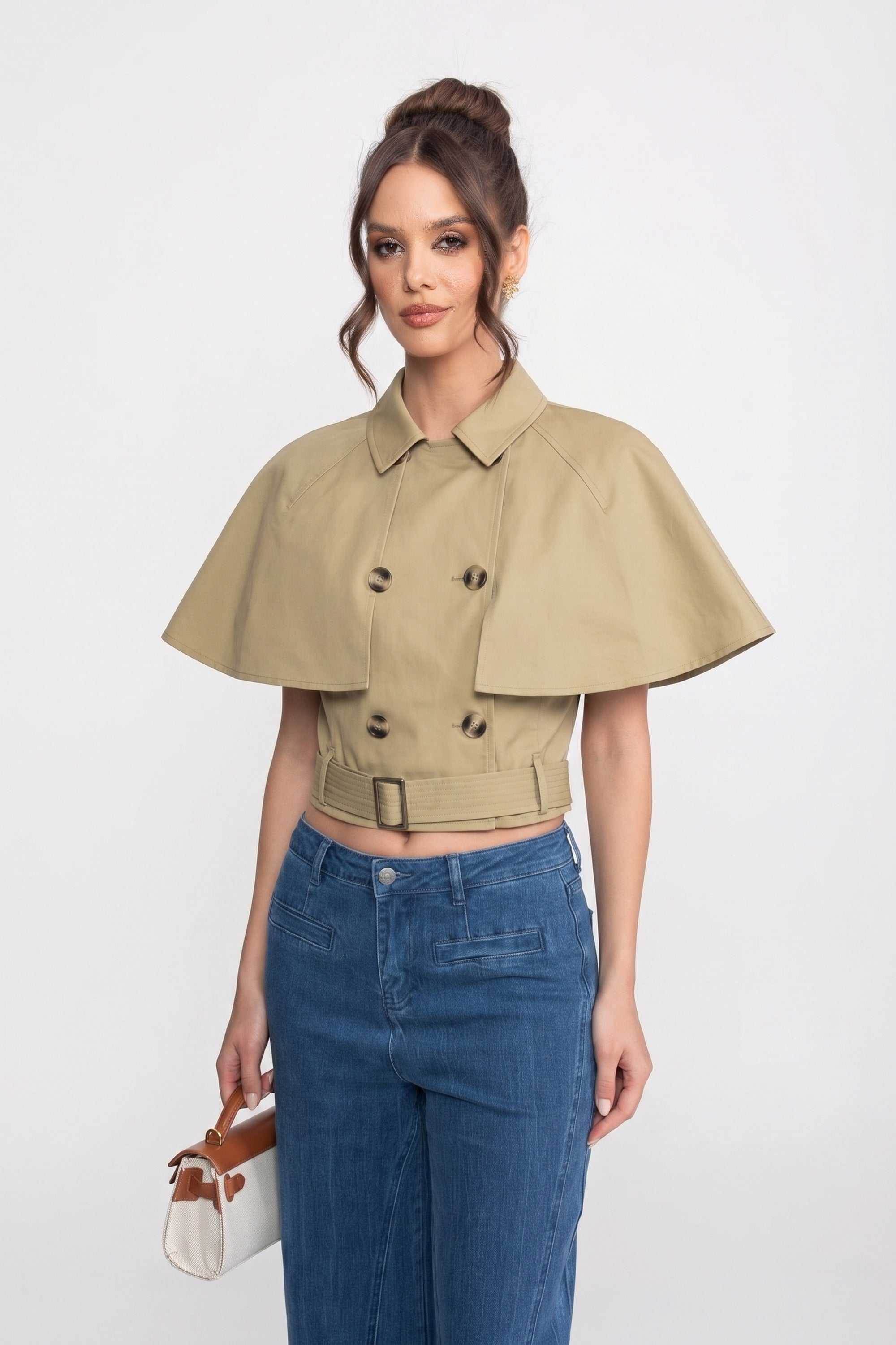 Doppelreihiges Top mit Kentkragen und abnehmbarem Cape - Khaki