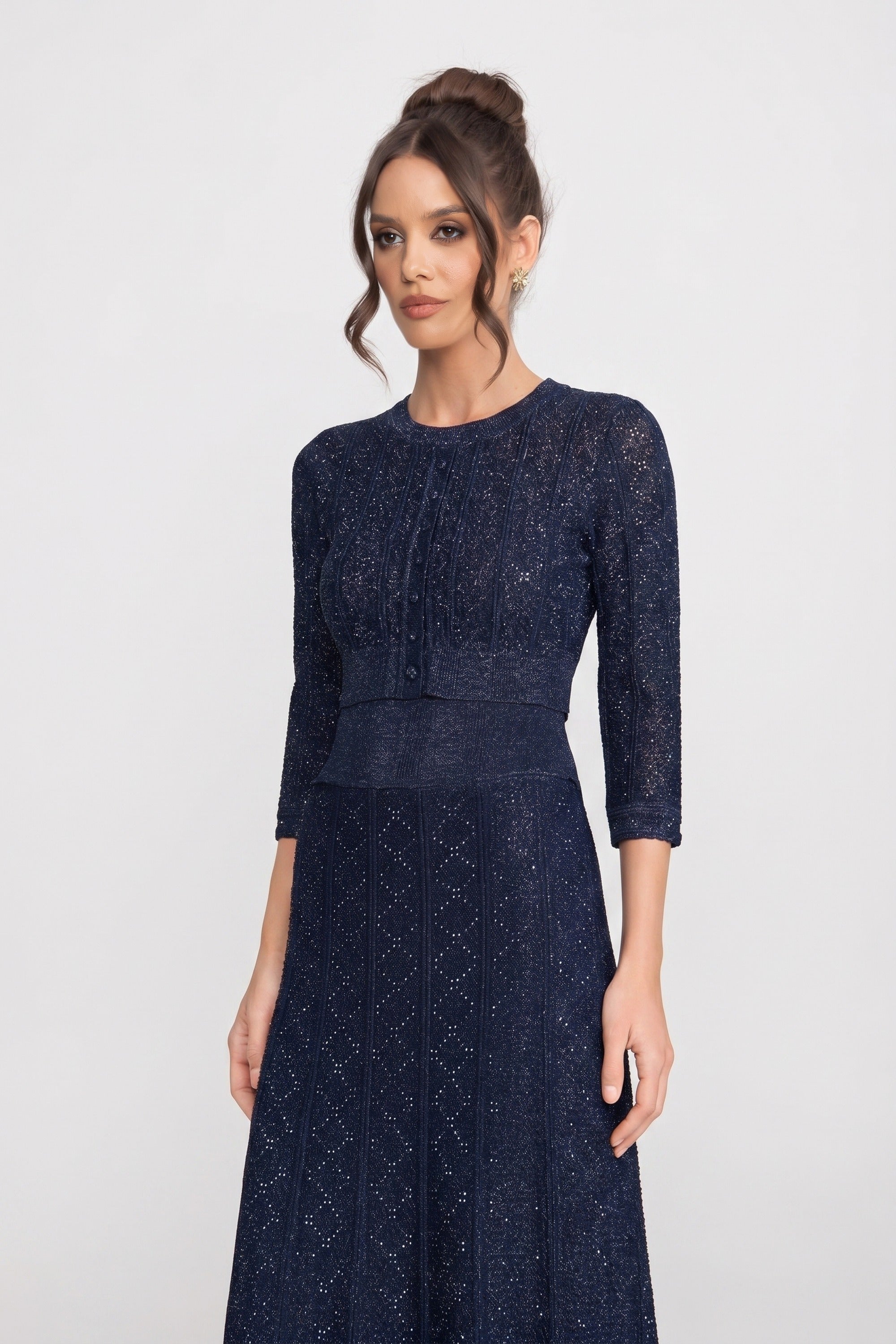 Langärmliges Co-Ord-Set aus Spitze mit Rautenmuster und Maxirock - Navy