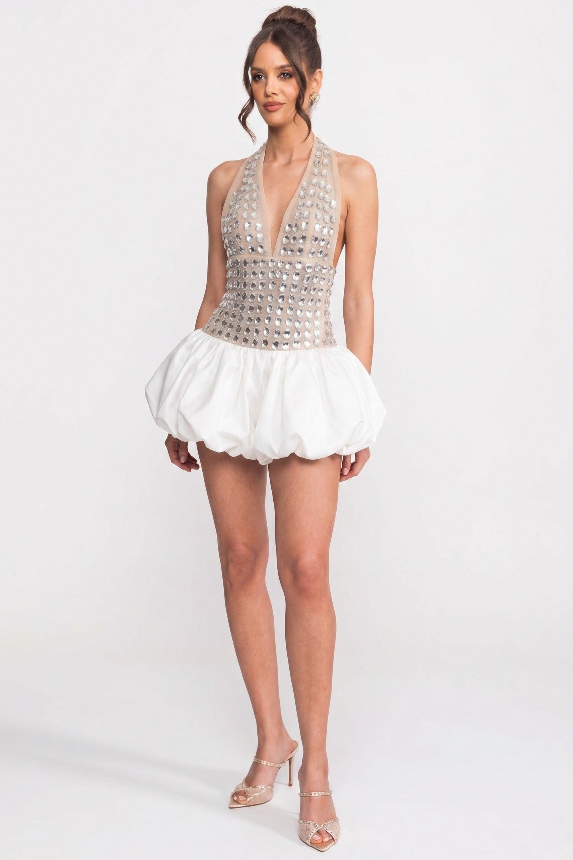 Crystal-Embellished Halter Mini Dress With Bubble Skirt - White