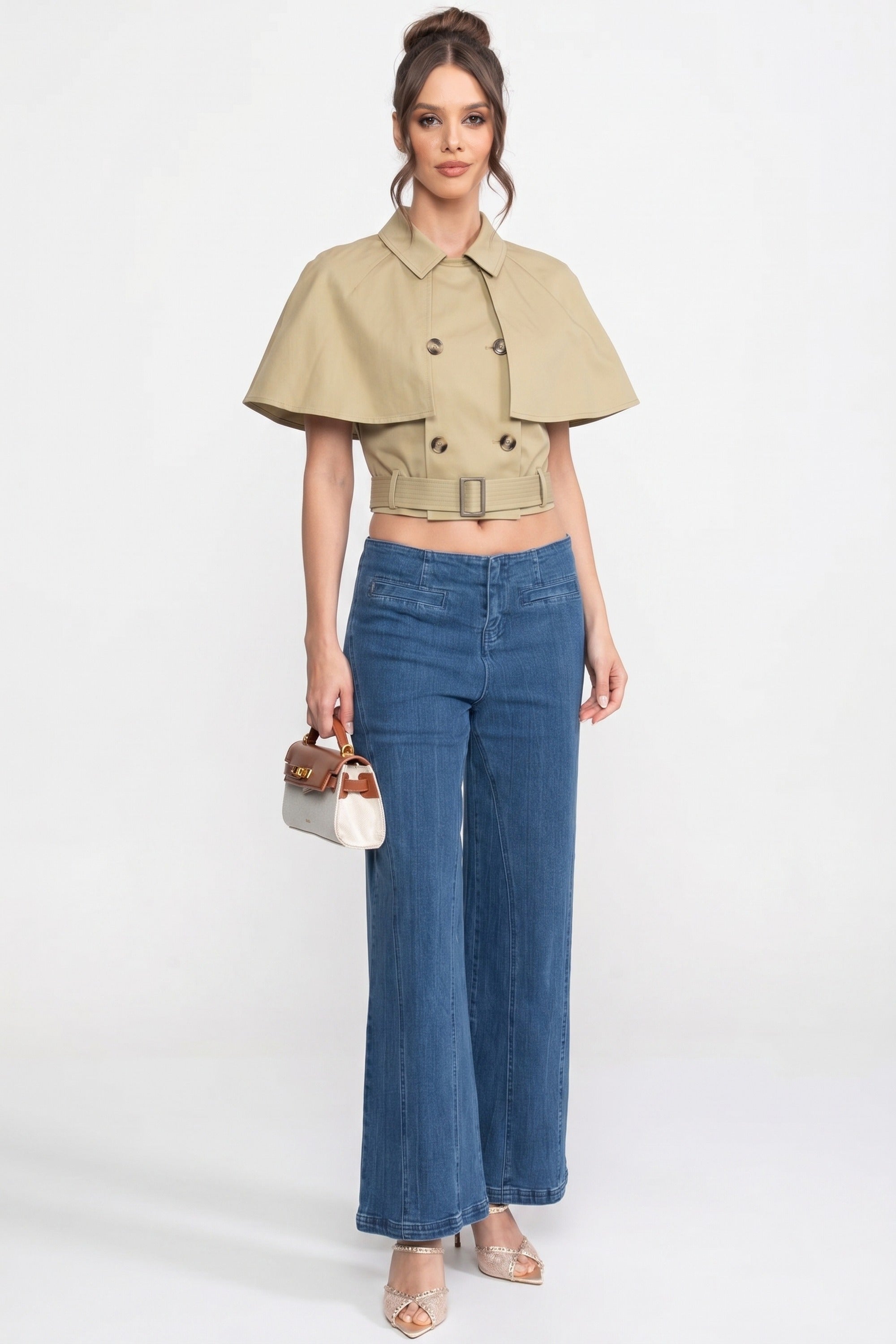 Doppelreihiges Top mit Kentkragen und abnehmbarem Cape - Khaki
