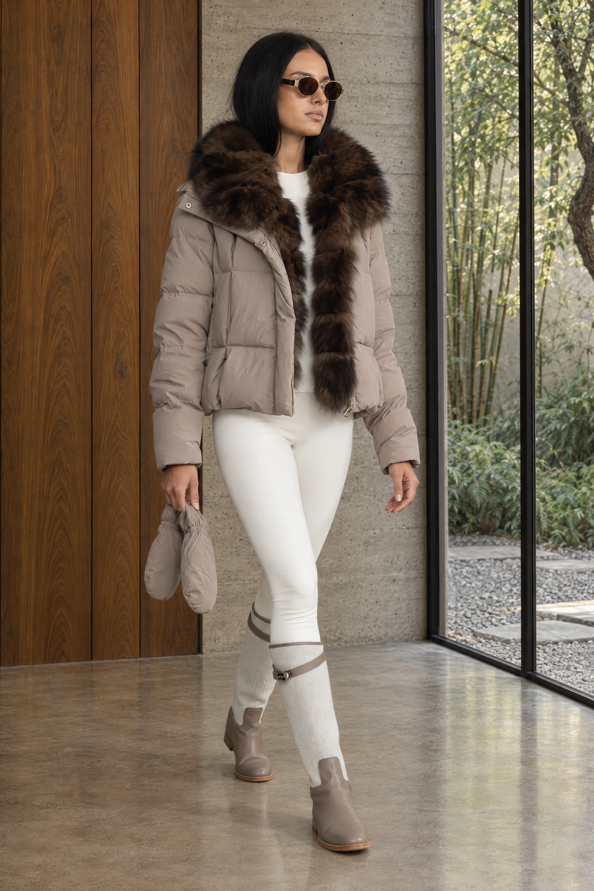Daunen-Pufferjacke in Cropped-Länge mit Fuchspelzkragen – Taupe
