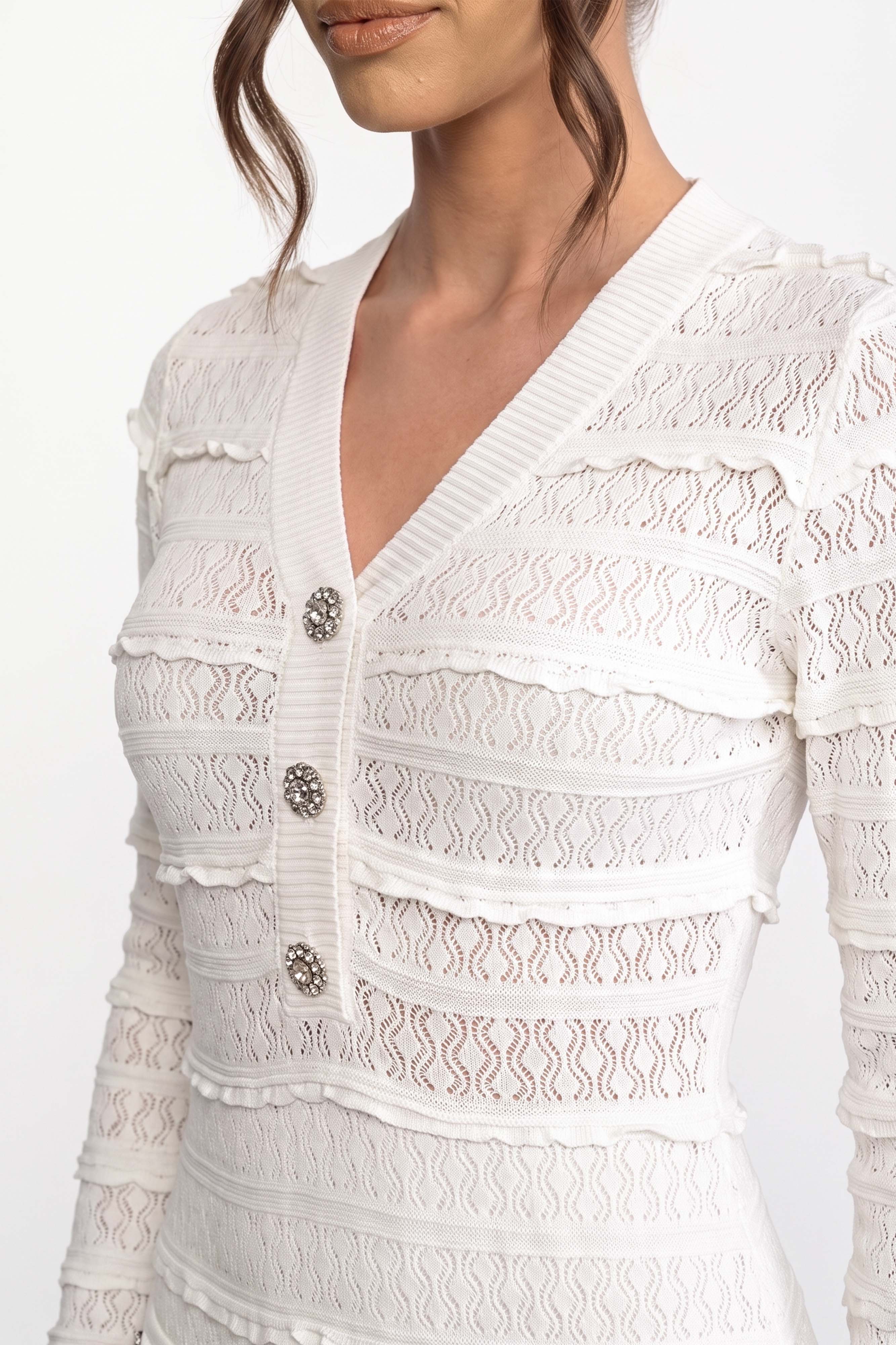 Button Front Strick-Fit-and-Flare-Kleid mit Kristallknöpfen - Weiß