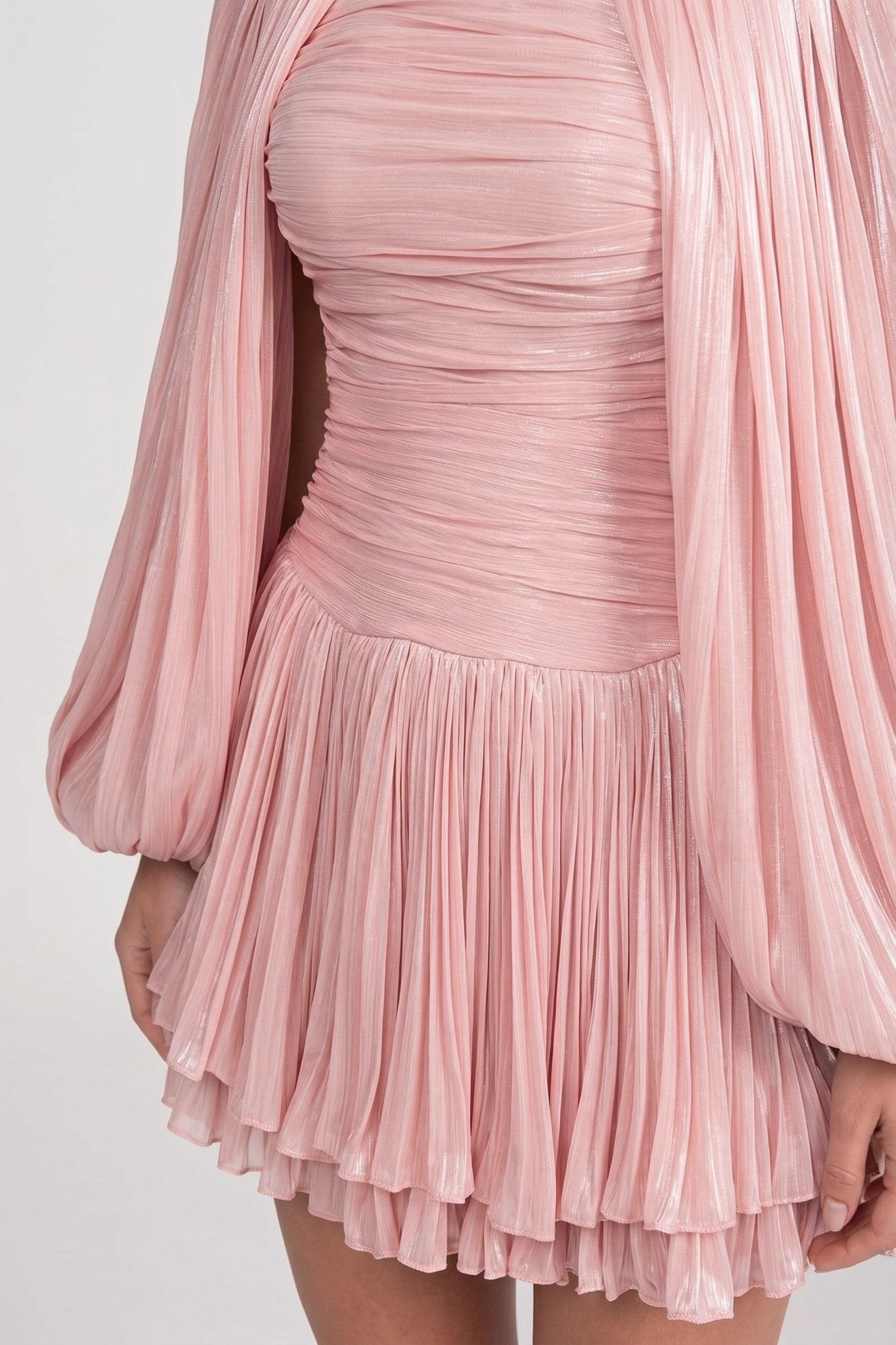 High-Neck Balloon-Sleeve Mini Dress With Pleated Skirt - Pink