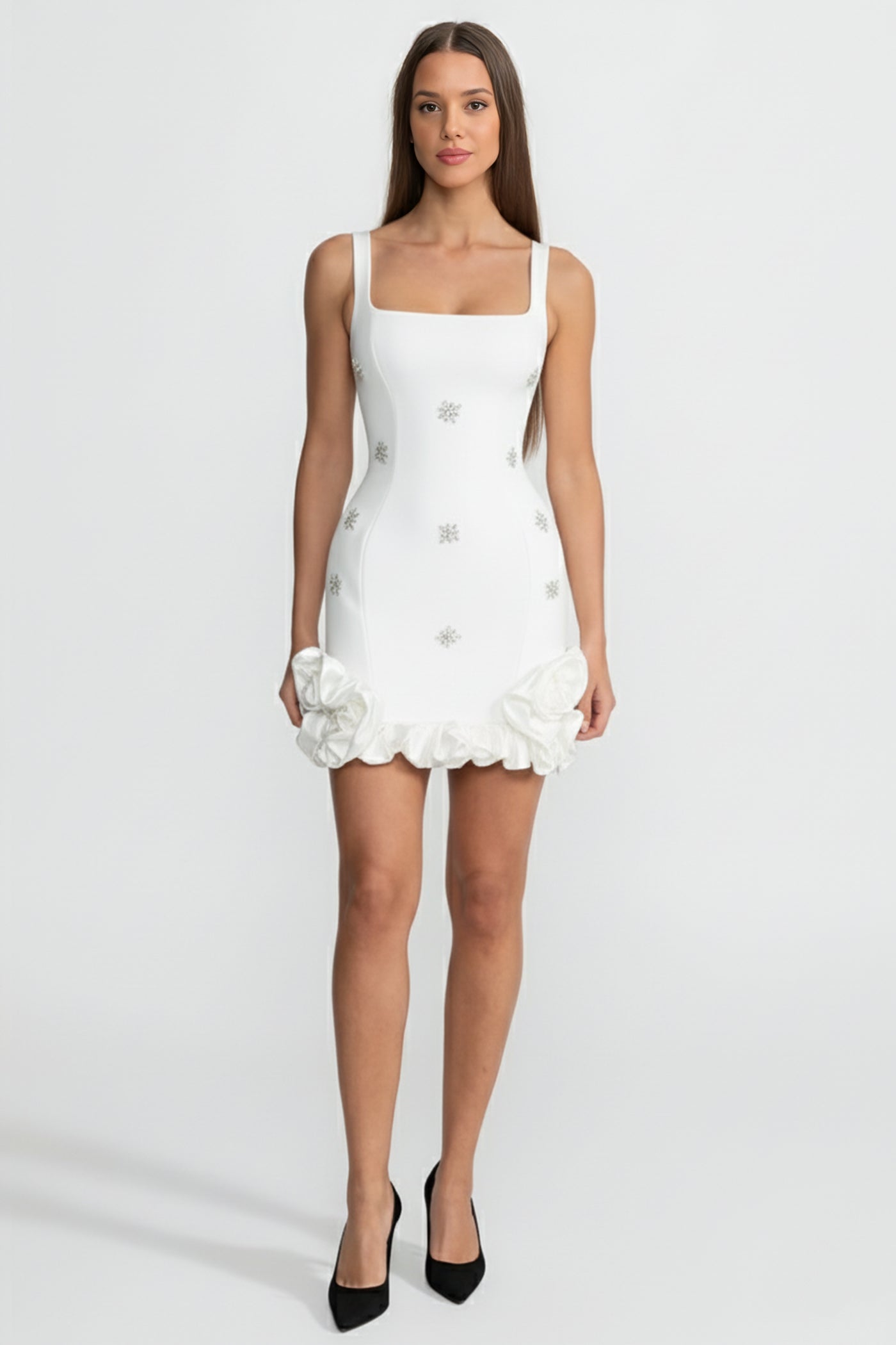 Verziertes Bodycon-Minikleid mit Kristallblumen – Weiß