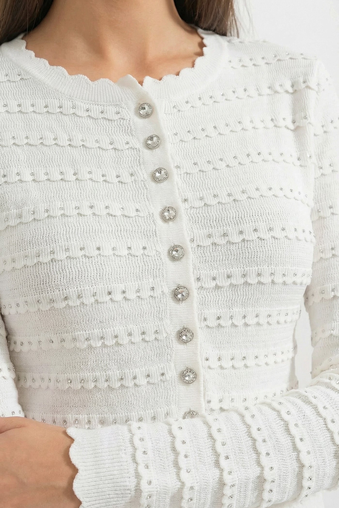 Knit Co-Ord Set With Pointelle Stripe Texture And Sparkling Embellishments - White