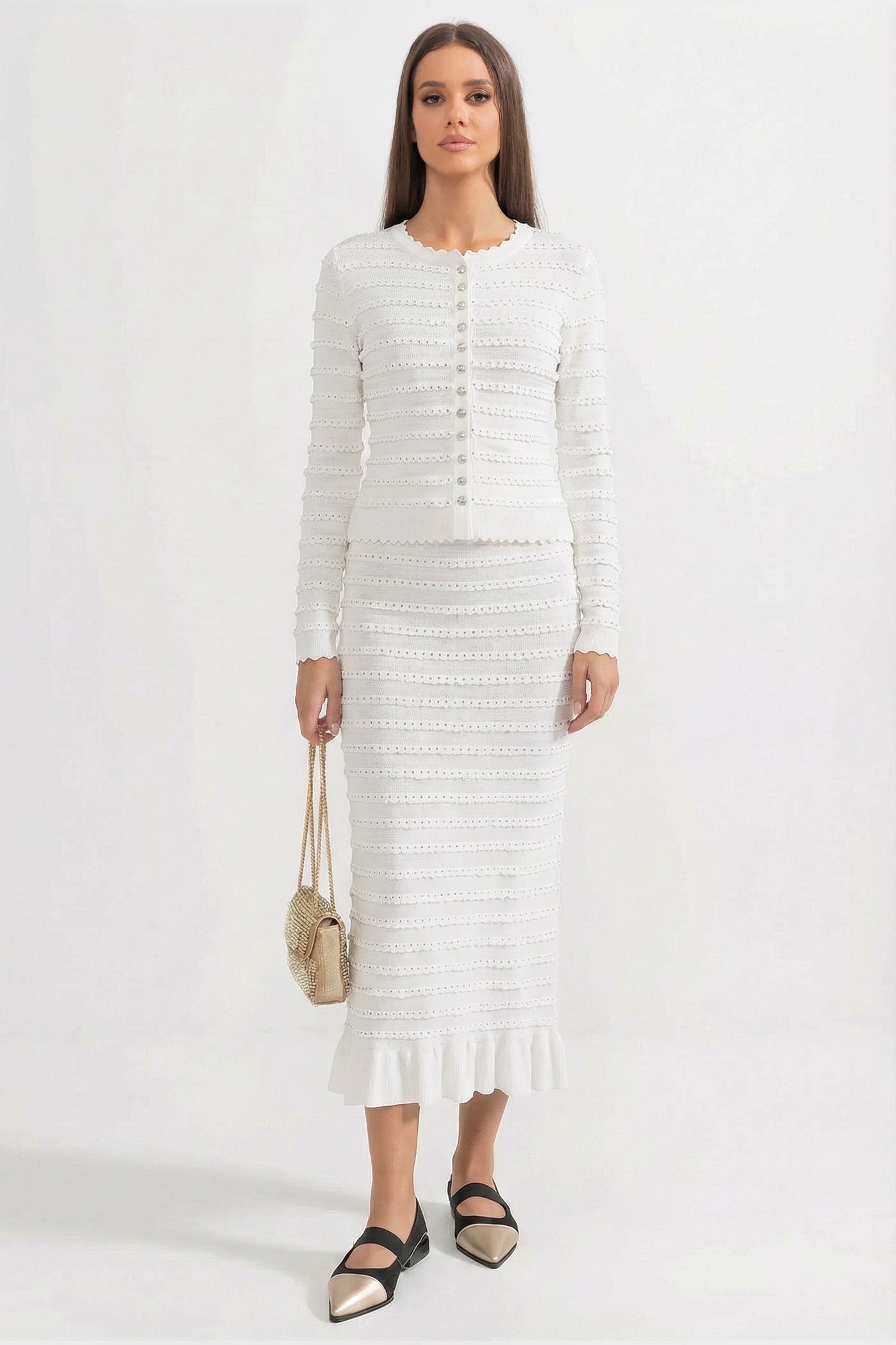 Knit Co-Ord Set With Pointelle Stripe Texture And Sparkling Embellishments - White