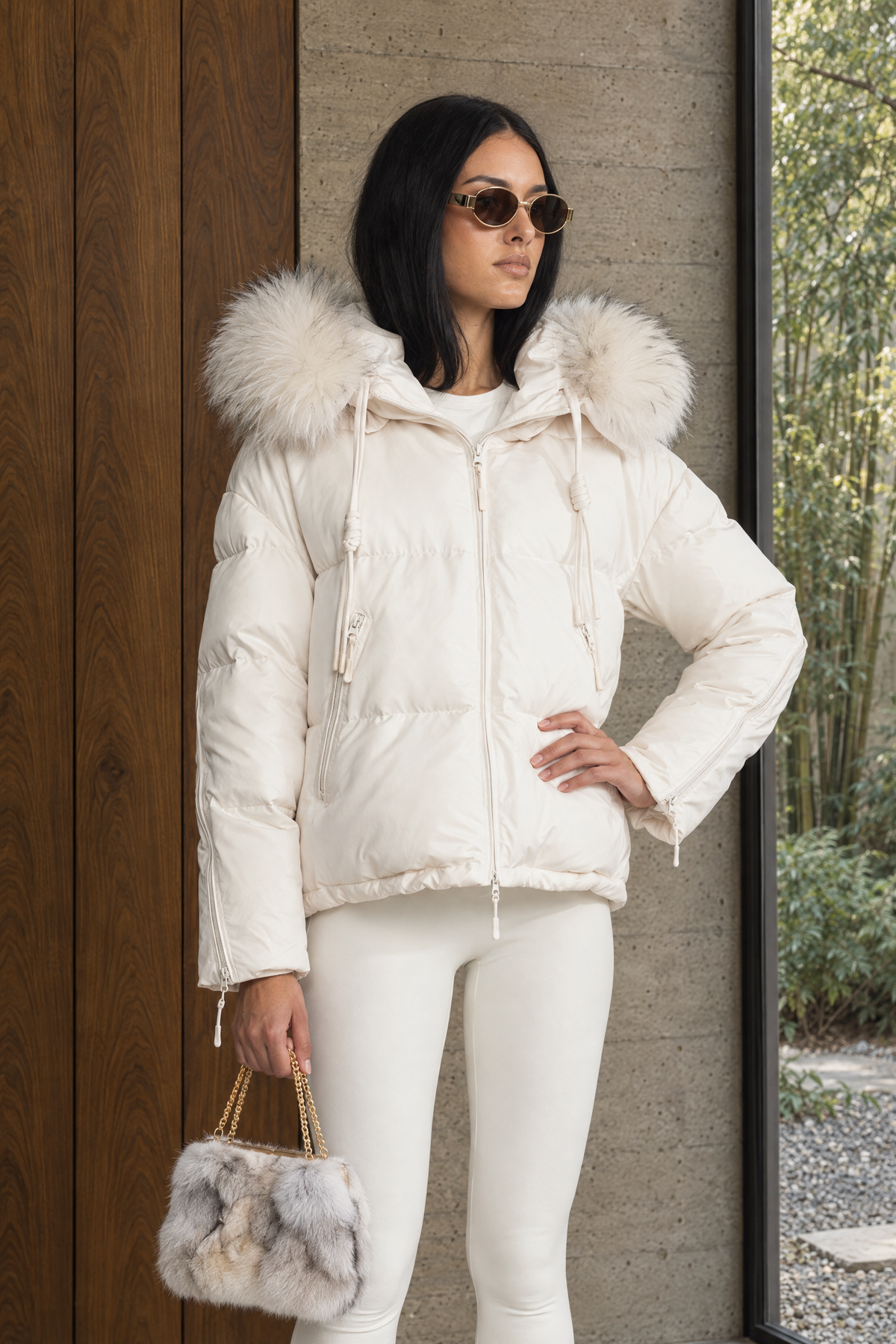 Raccoon Fur Hood Cropped Down Puffer Jacket - Ivoire