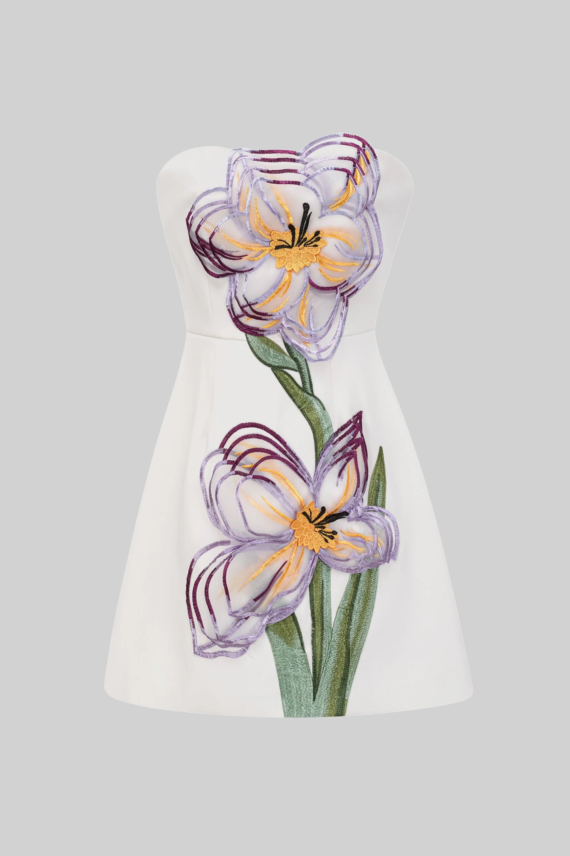 Trägerloses Minikleid mit 3D-Iris-Blütenapplikation - Weiß