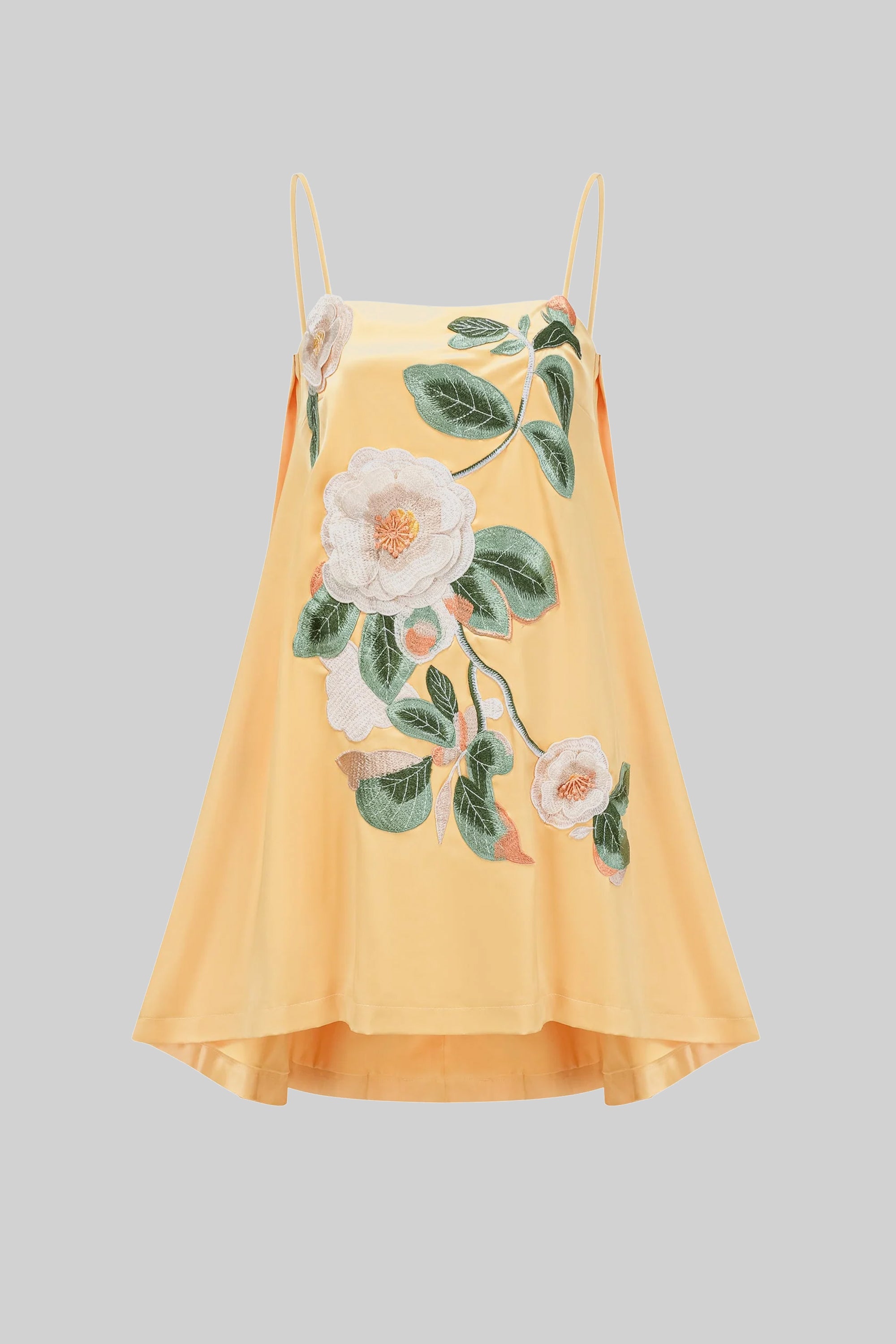Mini-Kleid mit Spaghettiträgern, 3D-Blumenapplikation und A-Linien-Rock – Gelb